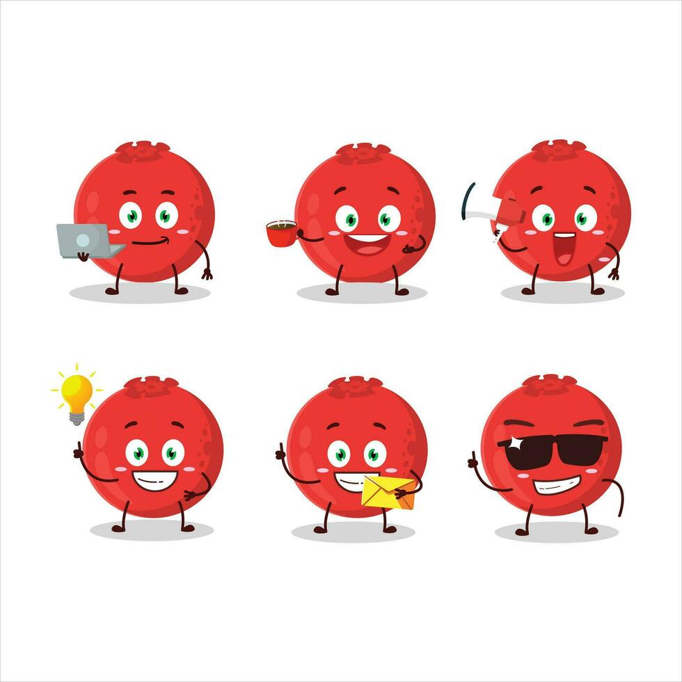Red berry cartoon character with various types of business emoticons vector
