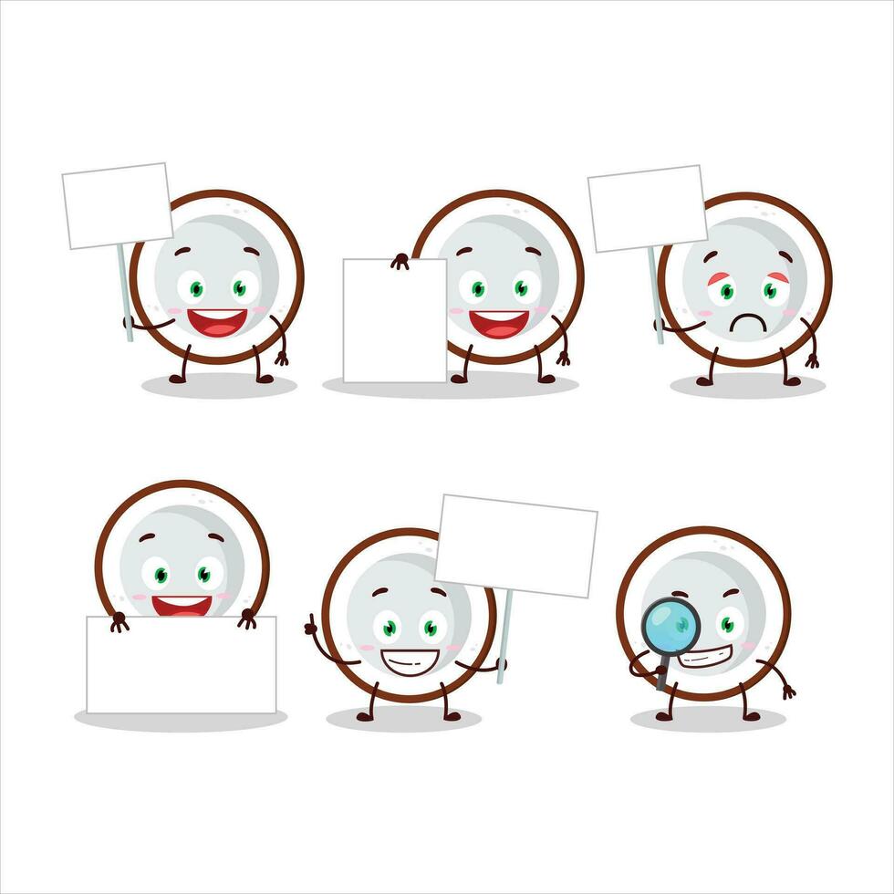 Slice of coconut cartoon character bring information board vector