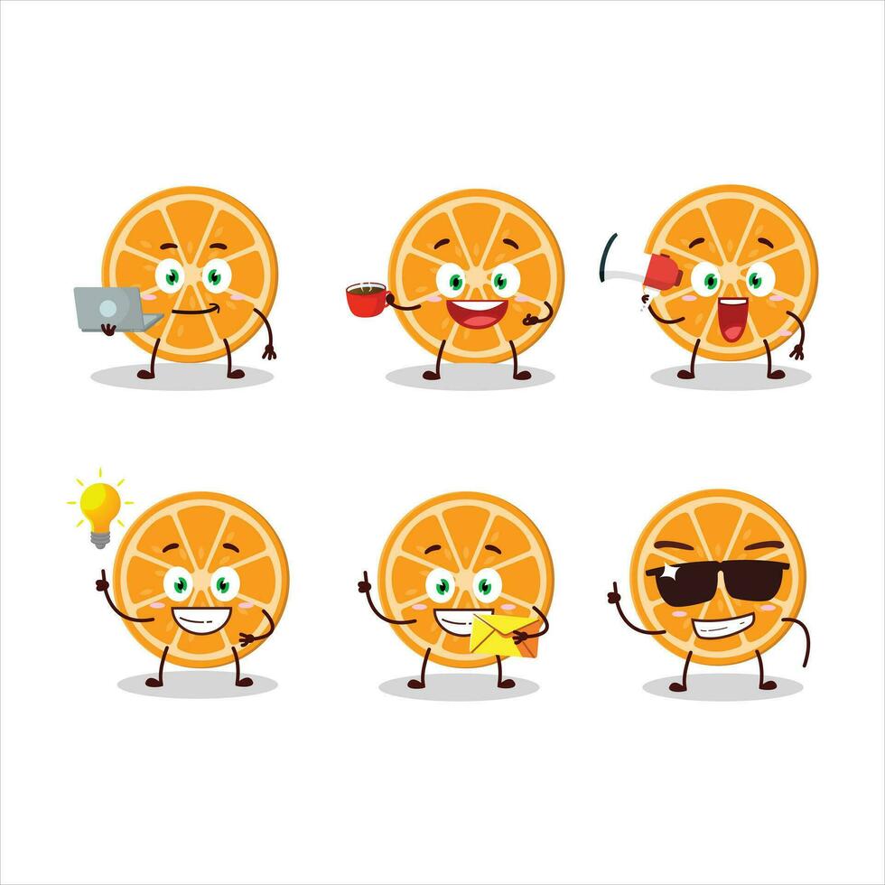 rebanada de naranja dibujos animados personaje con varios tipos de negocio emoticones vector