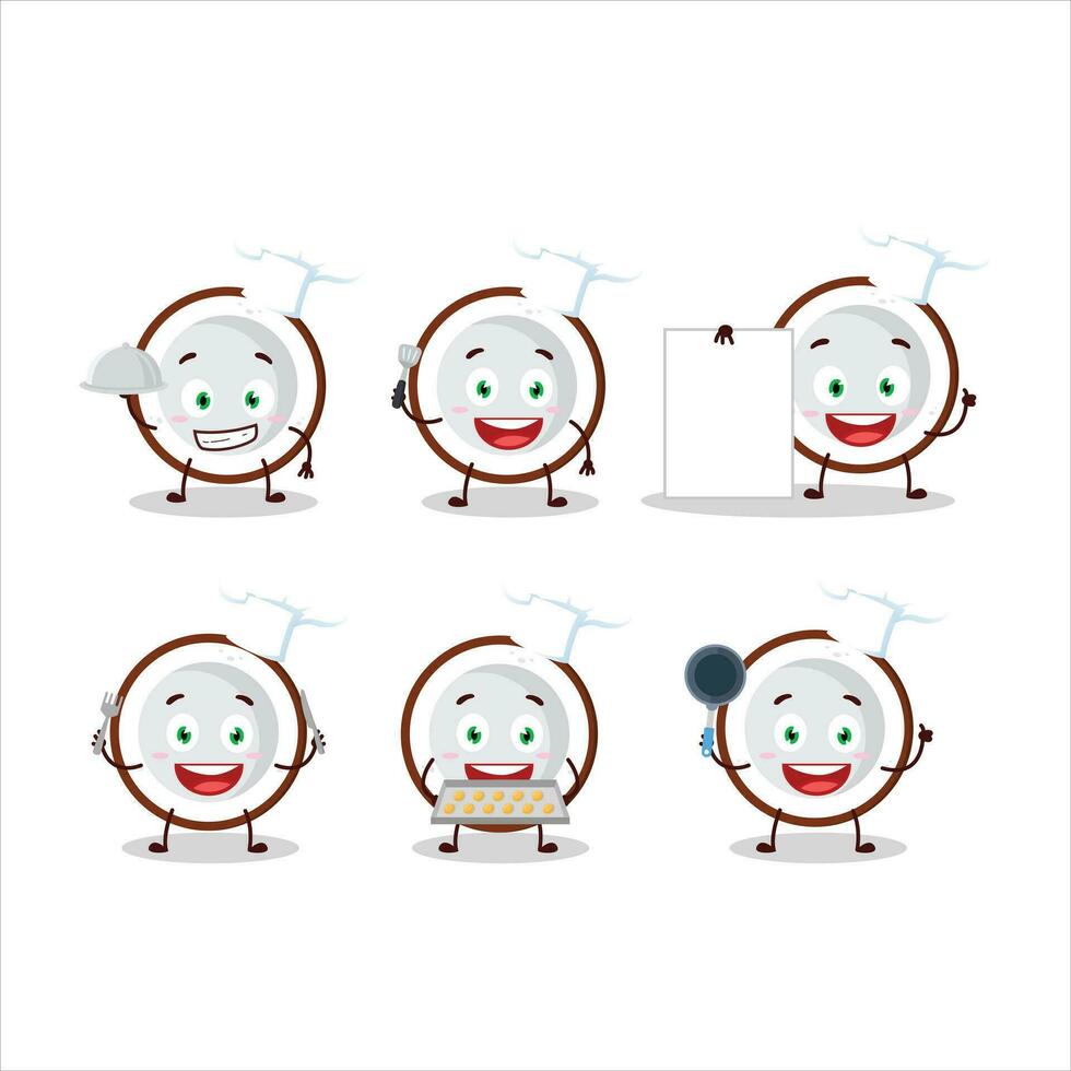 Cartoon character of slice of coconut with various chef emoticons vector