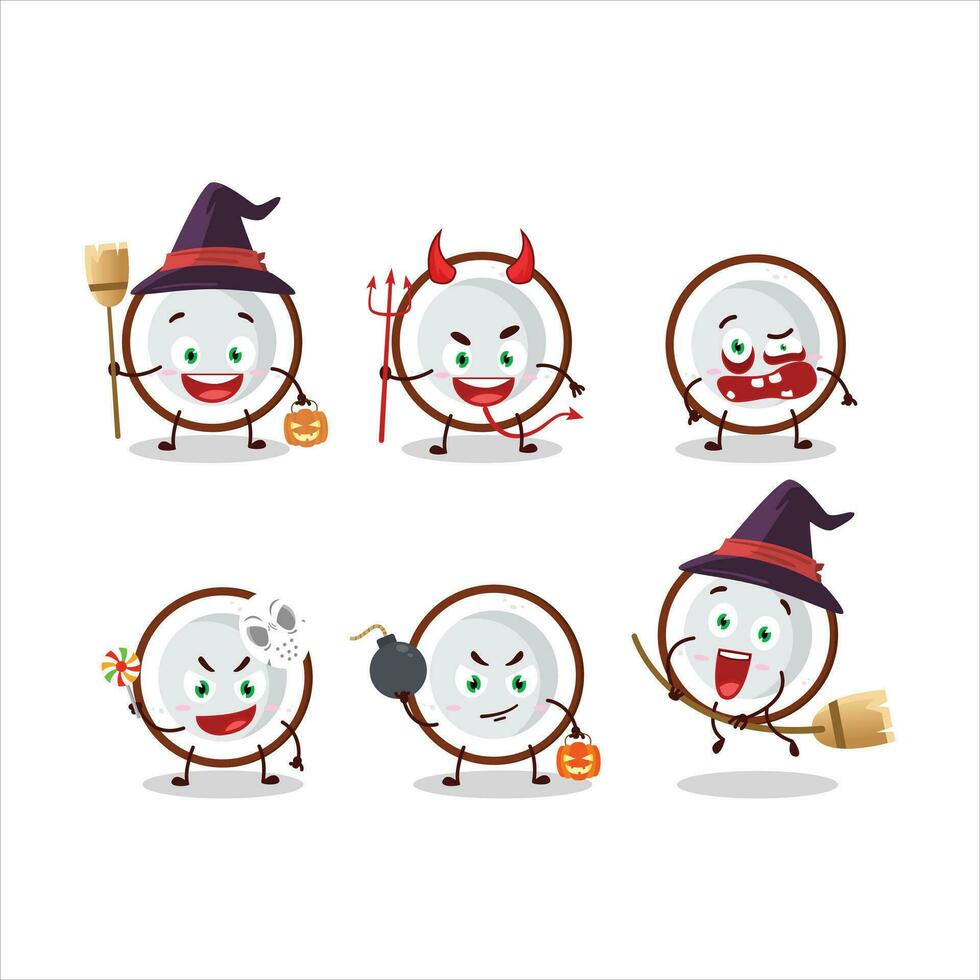 Halloween expression emoticons with cartoon character of slice of coconut vector