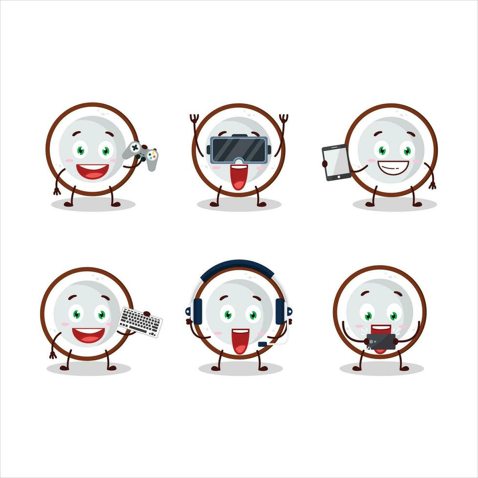 Slice of coconut cartoon character are playing games with various cute emoticons vector