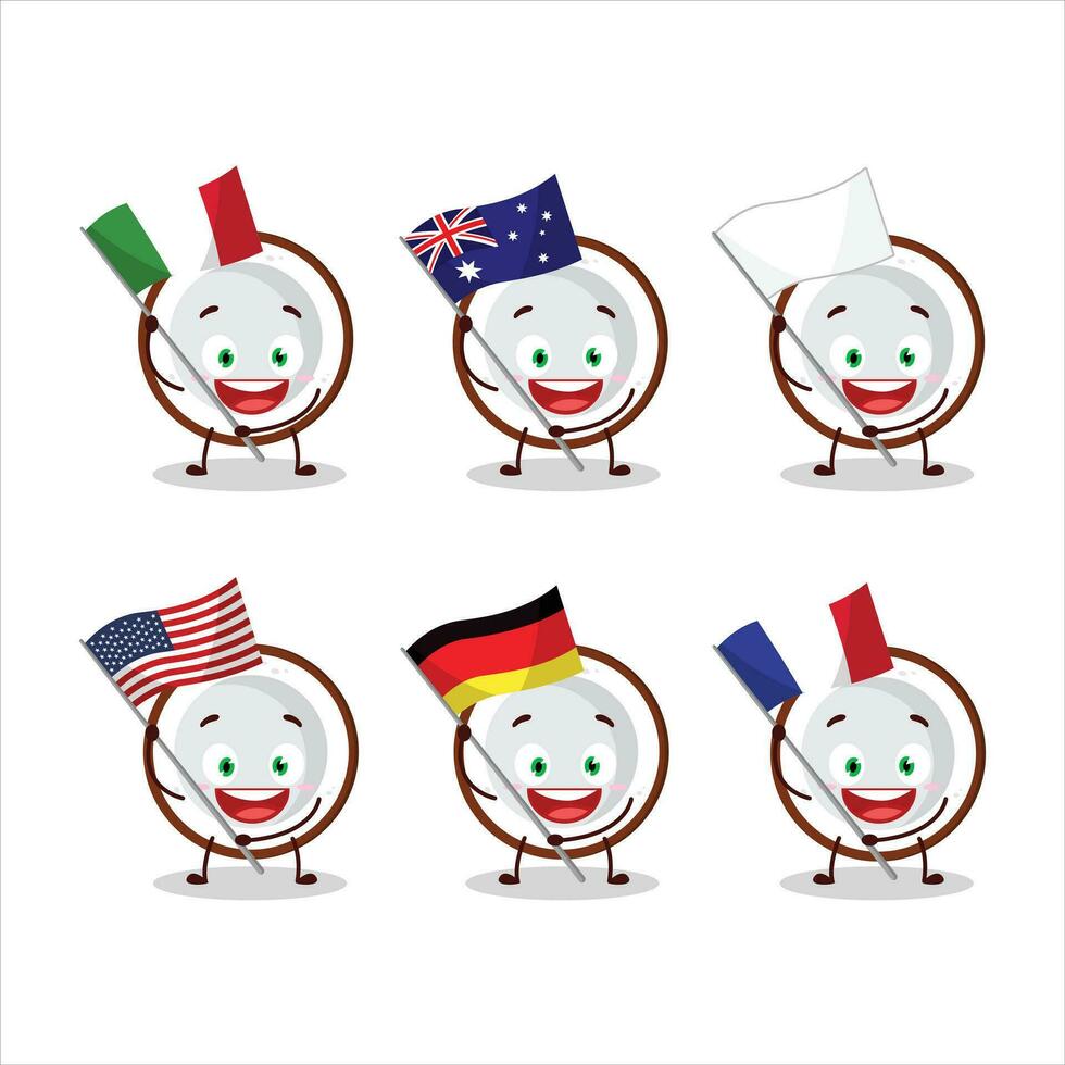 Slice of coconut cartoon character bring the flags of various countries vector