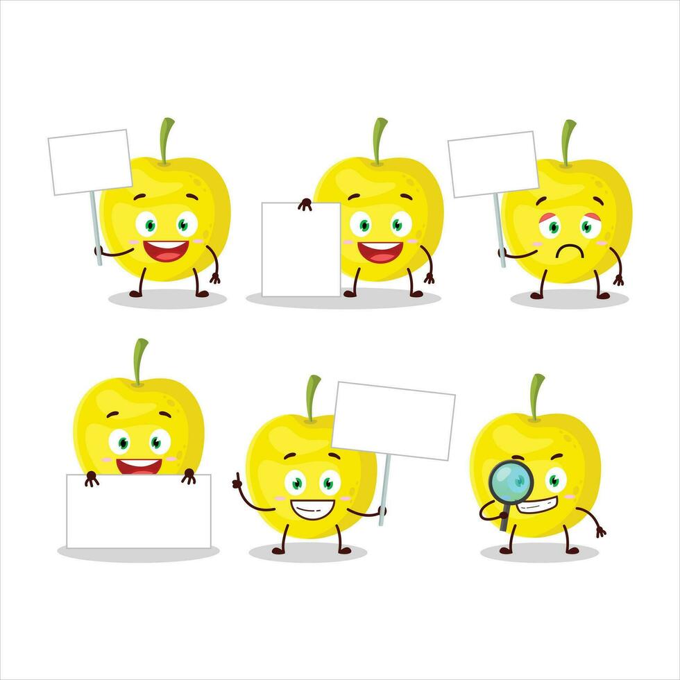 Yellow cherry cartoon character bring information board vector