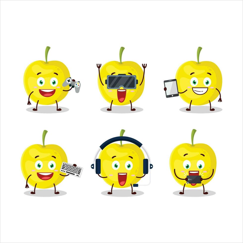 Yellow cherry cartoon character are playing games with various cute emoticons vector