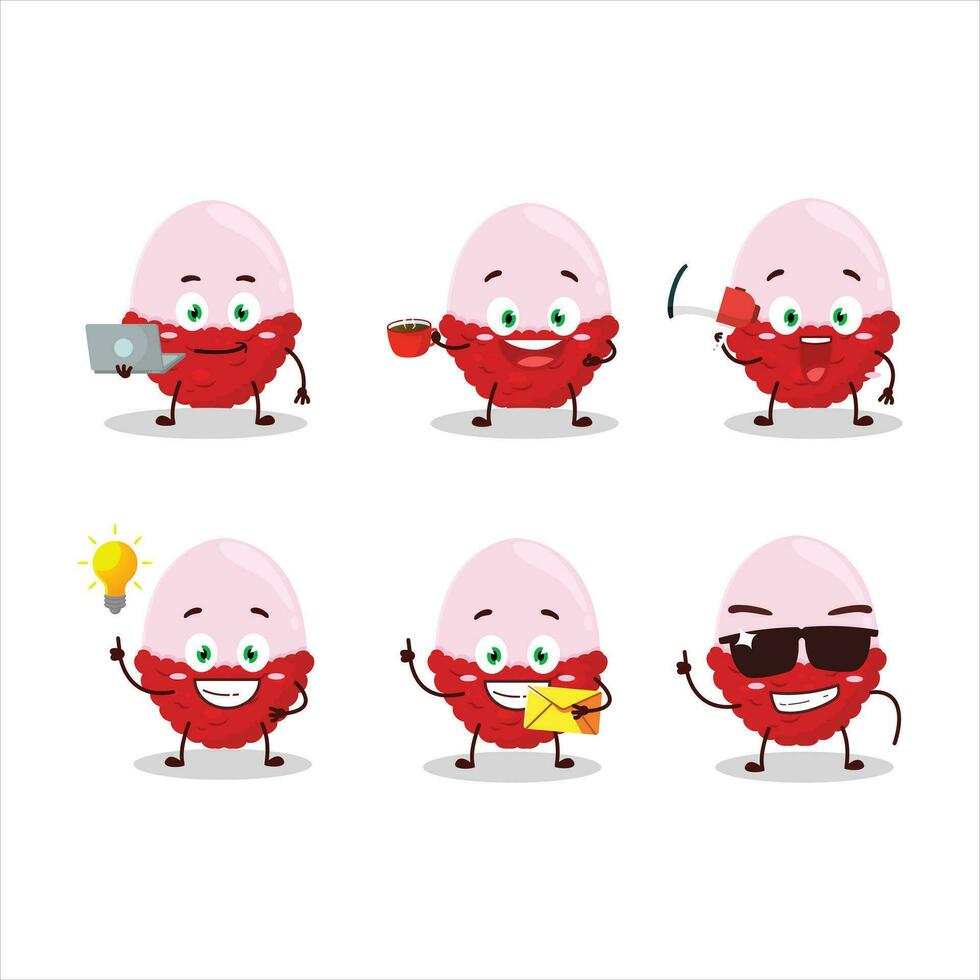 Slice of lychee cartoon character with various types of business emoticons vector