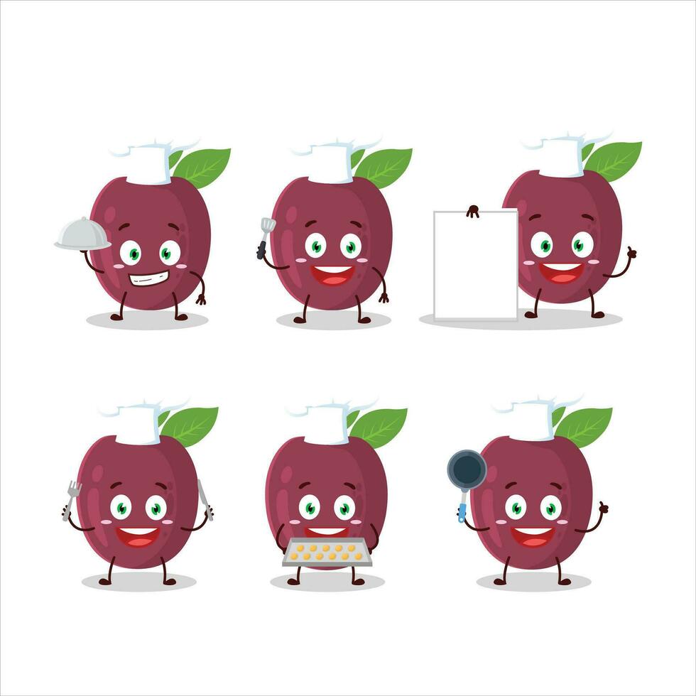 dibujos animados personaje de pasión Fruta con varios cocinero emoticones vector