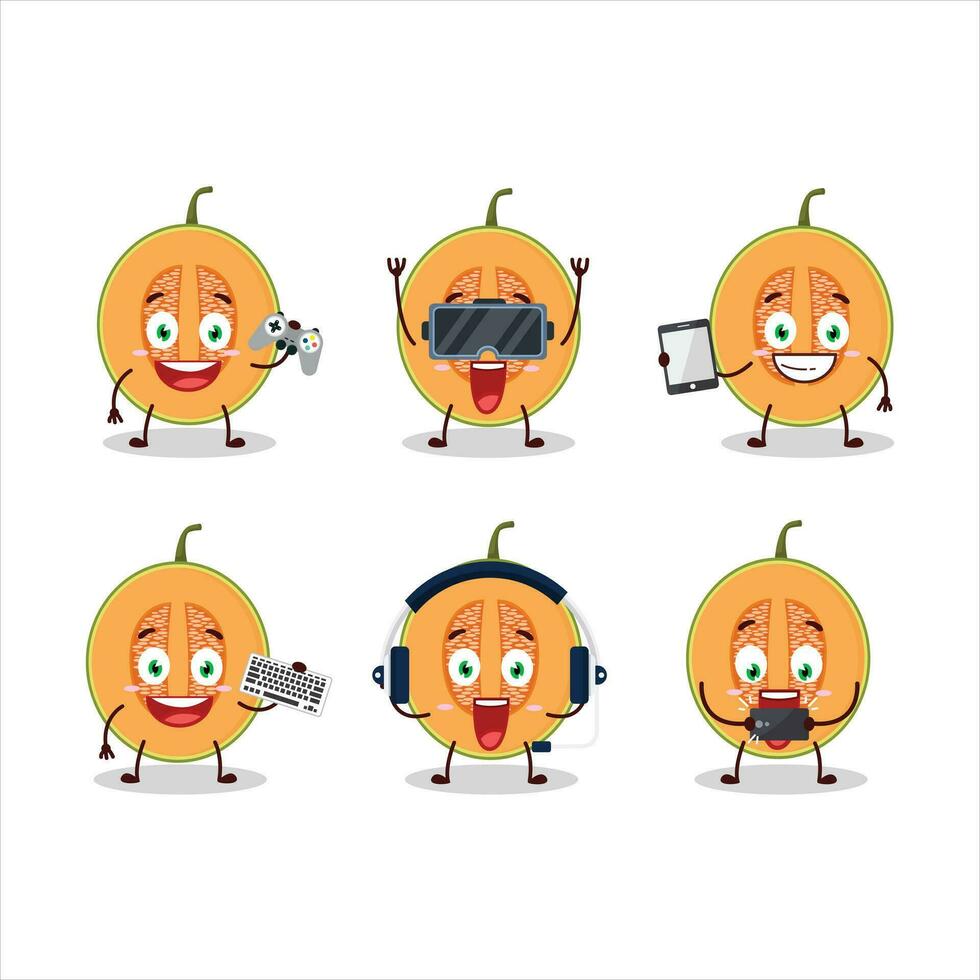 Slice of melon cartoon character are playing games with various cute emoticons vector
