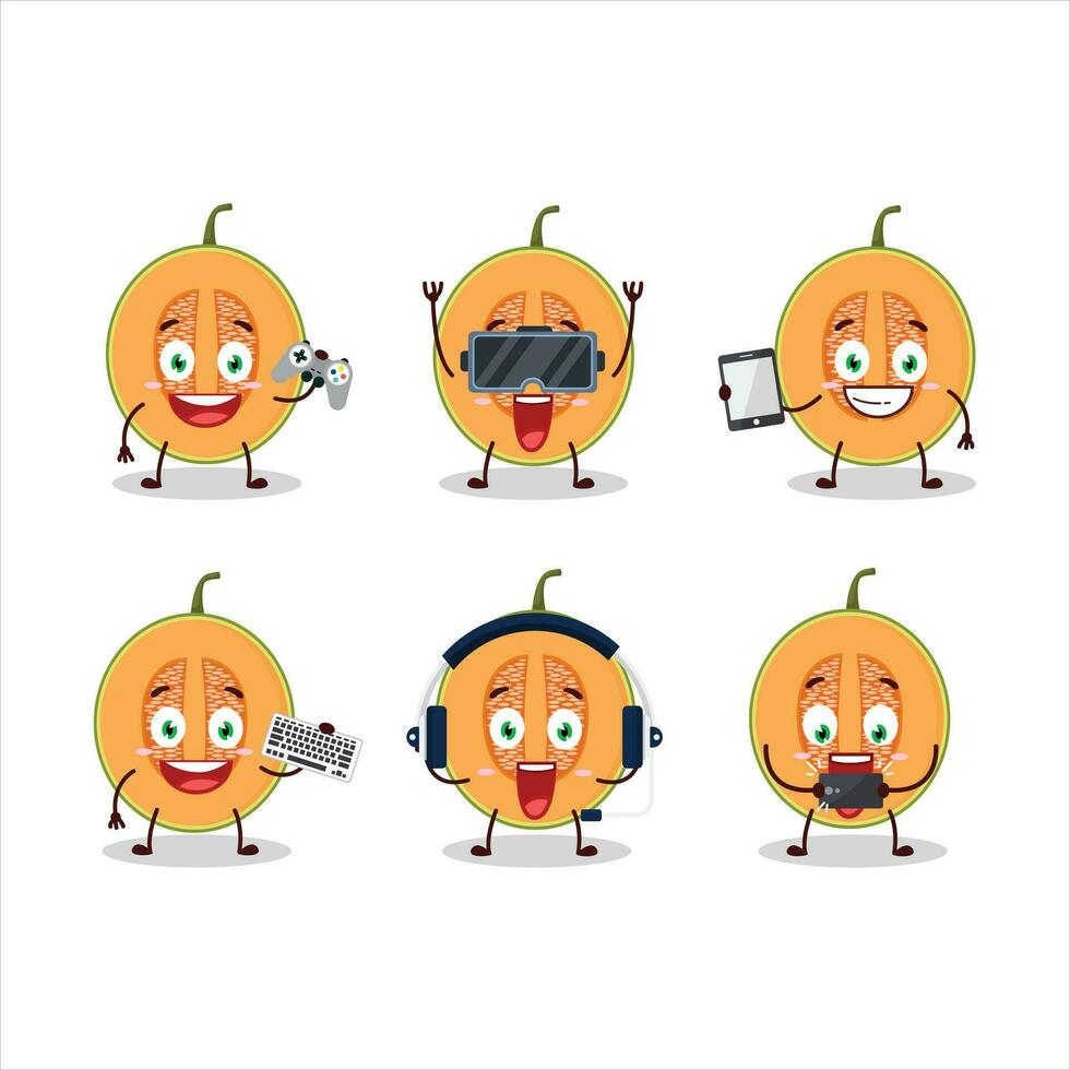 rebanada de melón dibujos animados personaje son jugando juegos con varios linda emoticones vector