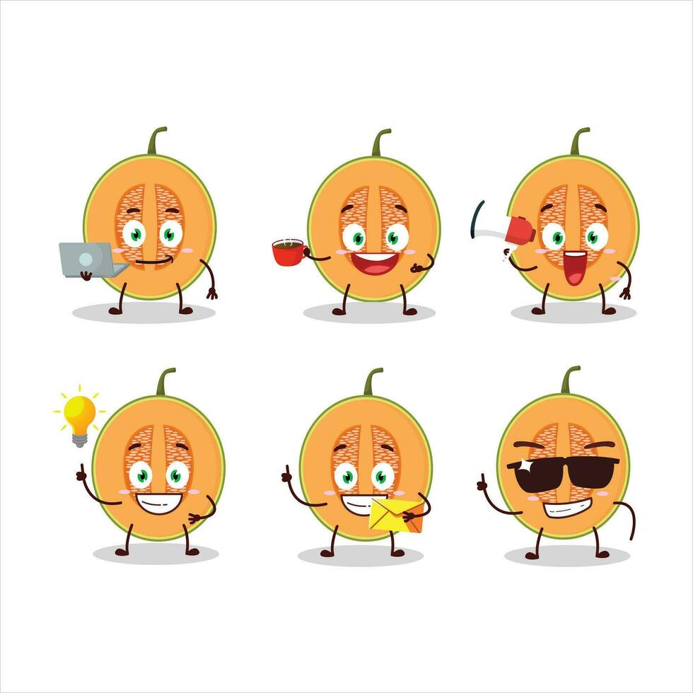 Slice of melon cartoon character with various types of business emoticons vector