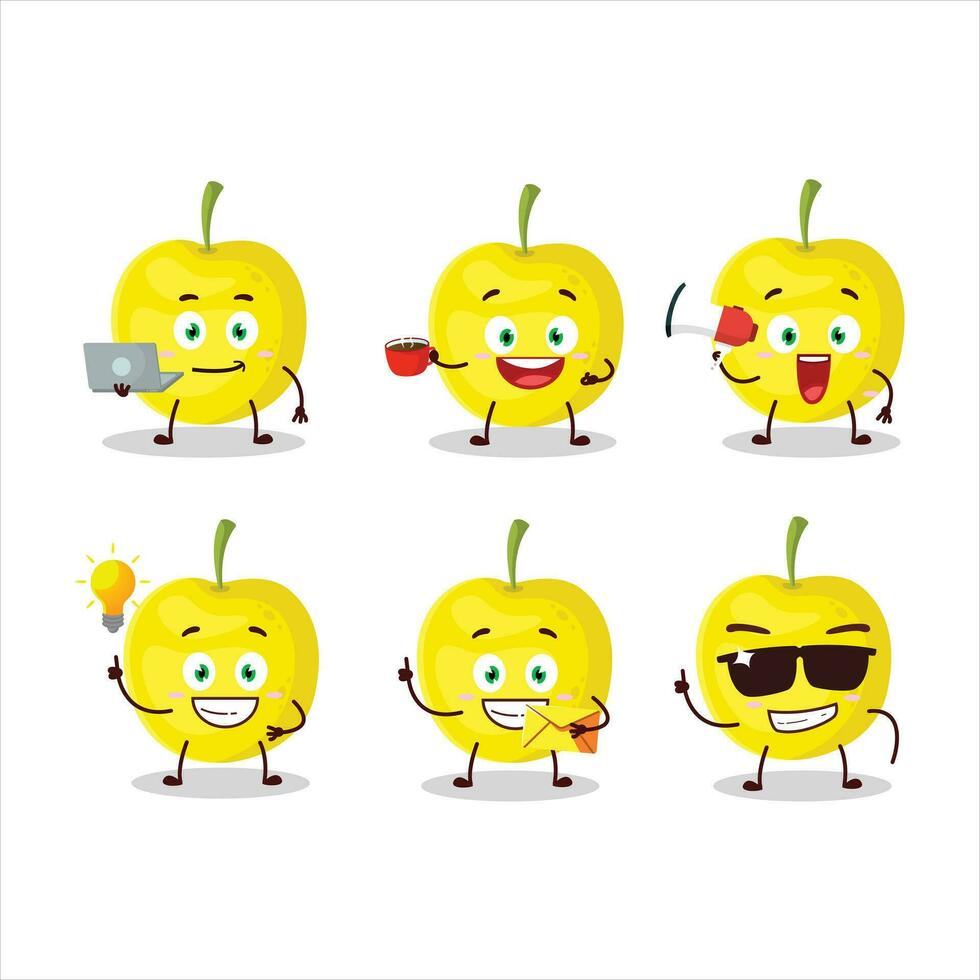 Yellow cherry cartoon character with various types of business emoticons vector