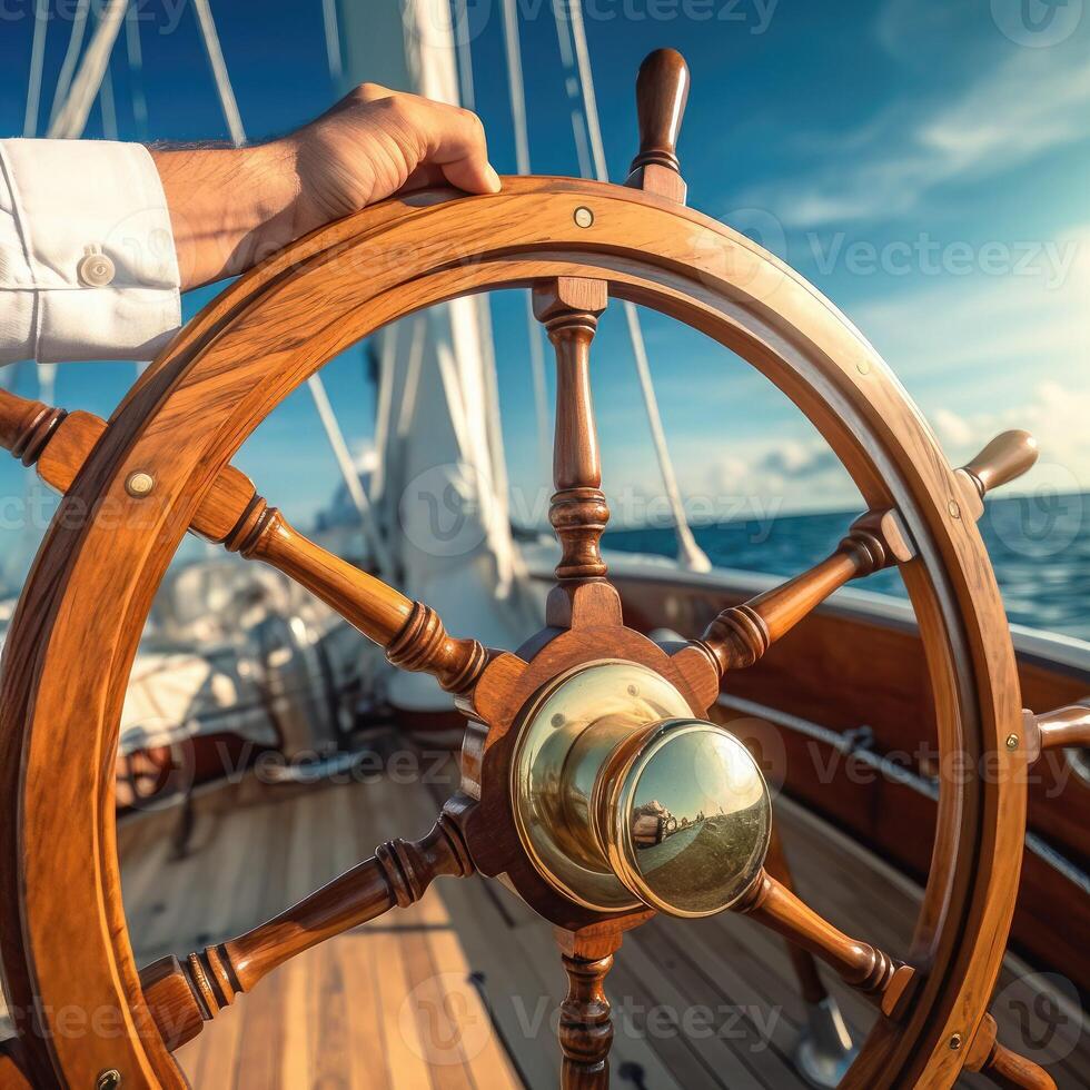 Steering wheel on sailboat - AI Generative photo