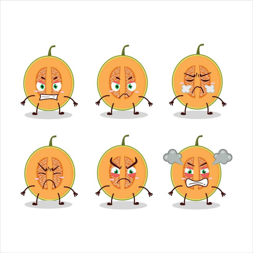 rebanada de melón dibujos animados personaje con varios enojado expresiones vector