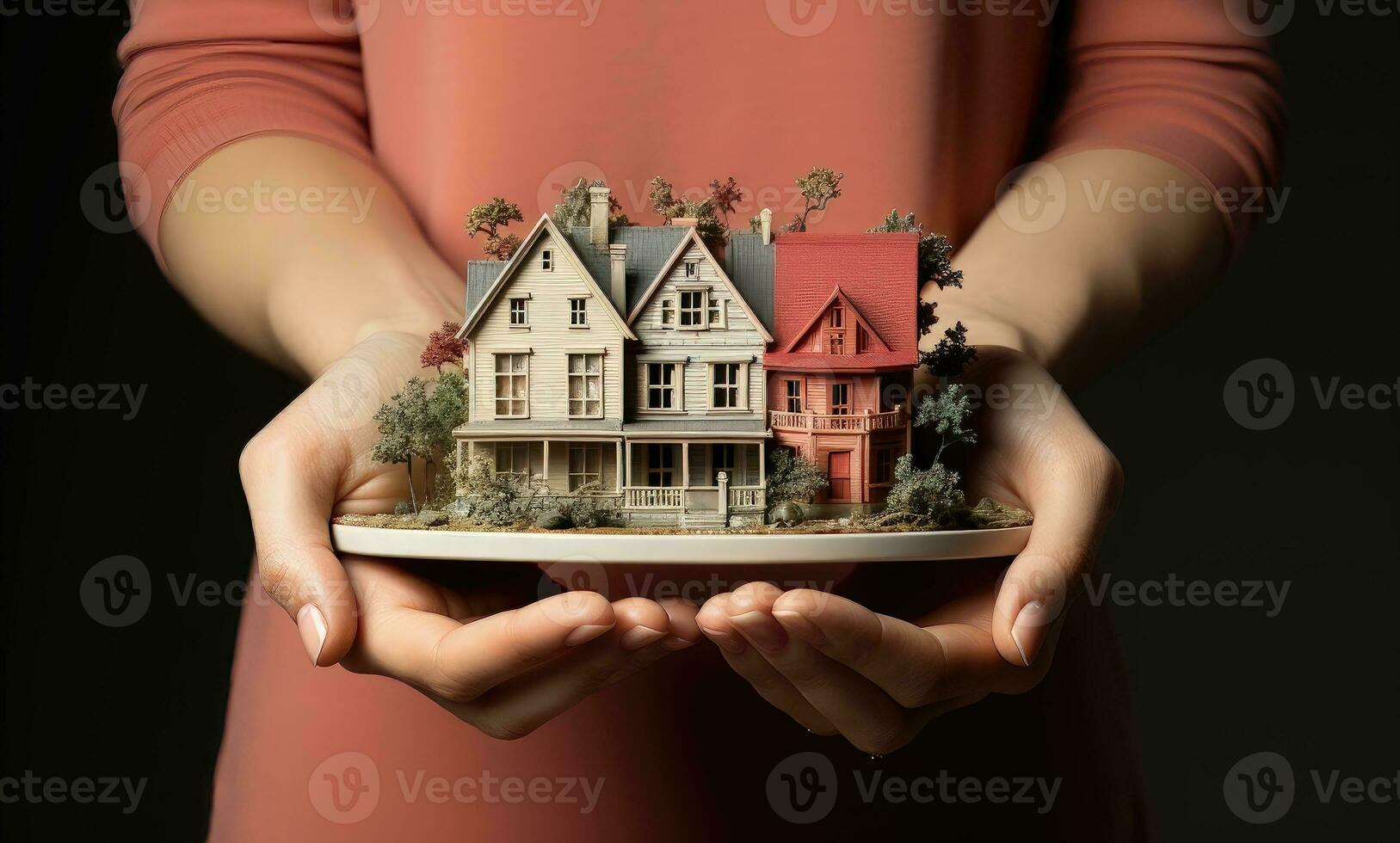 Woman holding model of house in hands on dark background, closeup - AI Generative photo