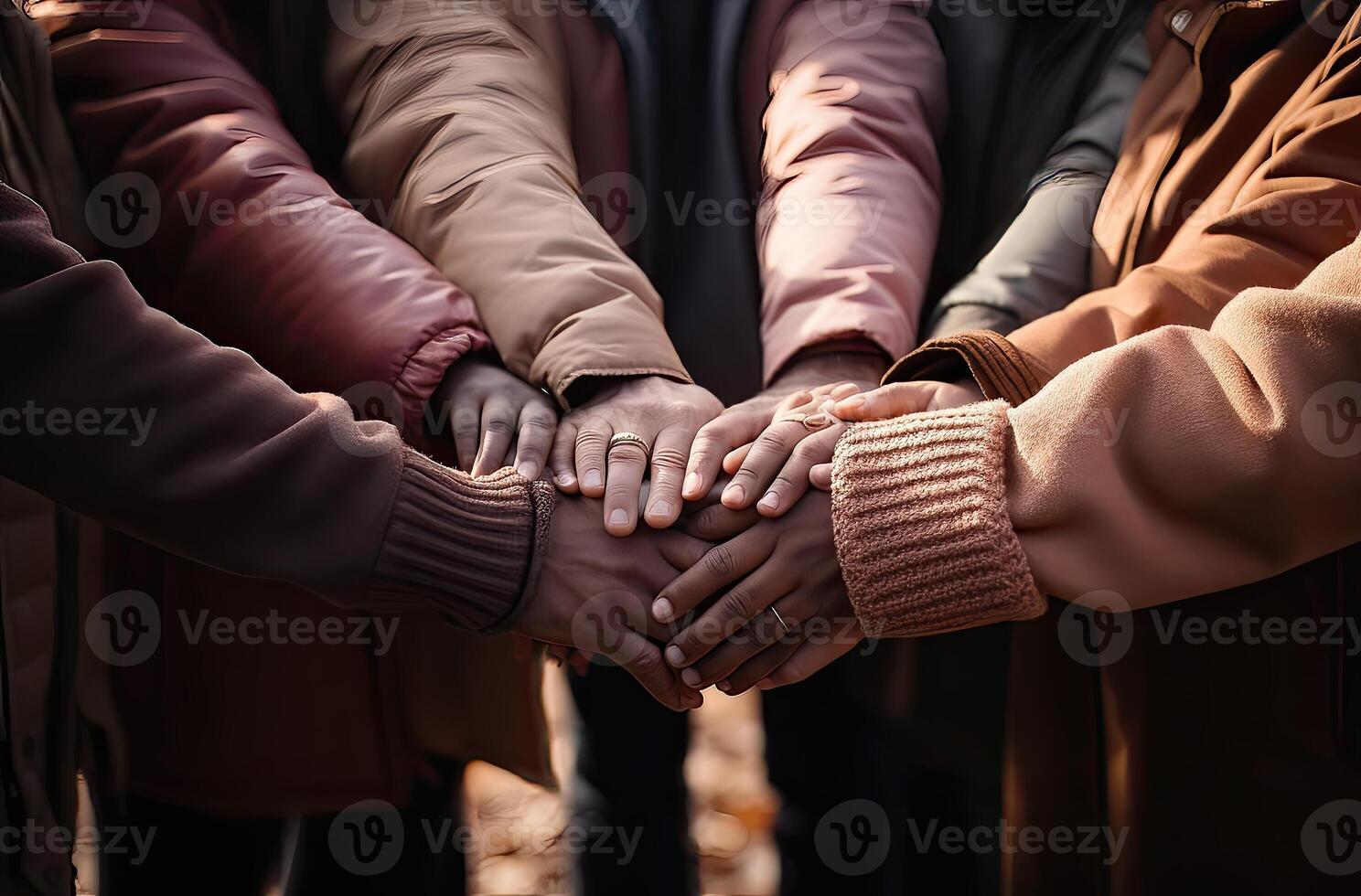 Multiethnic group with hands together - AI Generative photo