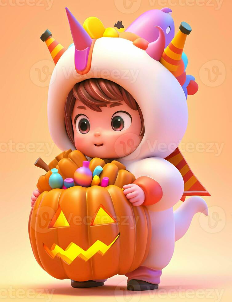 3d cute little boy with funny unicorn costume for Halloween party photo