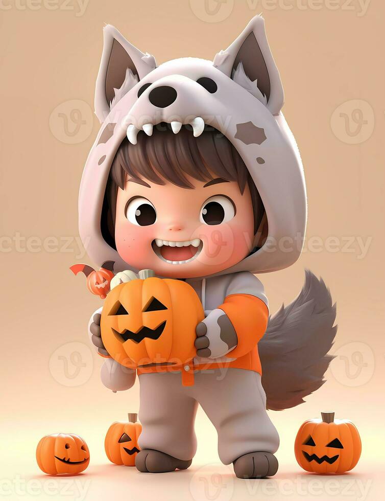 3d cute little boy with funny wolf costume for Halloween party photo
