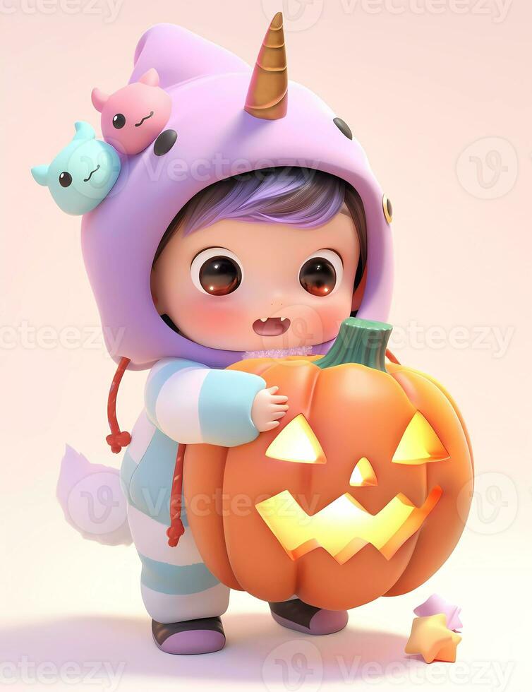 3d cute little boy with funny unicorn costume for Halloween party photo
