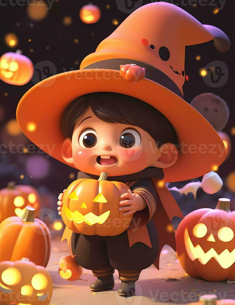 3d cute little boy with funny wizard costume for Halloween party photo