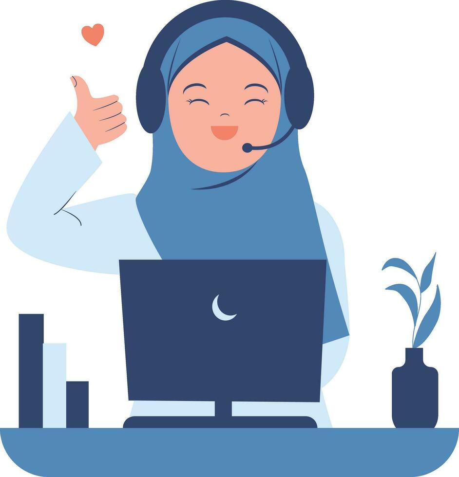 musulmán mujer en hijab trabajando en ordenador portátil computadora y demostración pulgares arriba. plano vector ilustración.