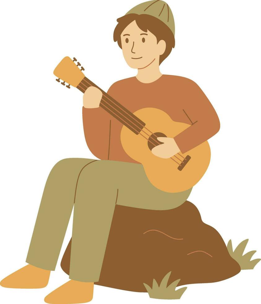 Young man sitting on rock and playing guitar. Isolated flat vector illustration