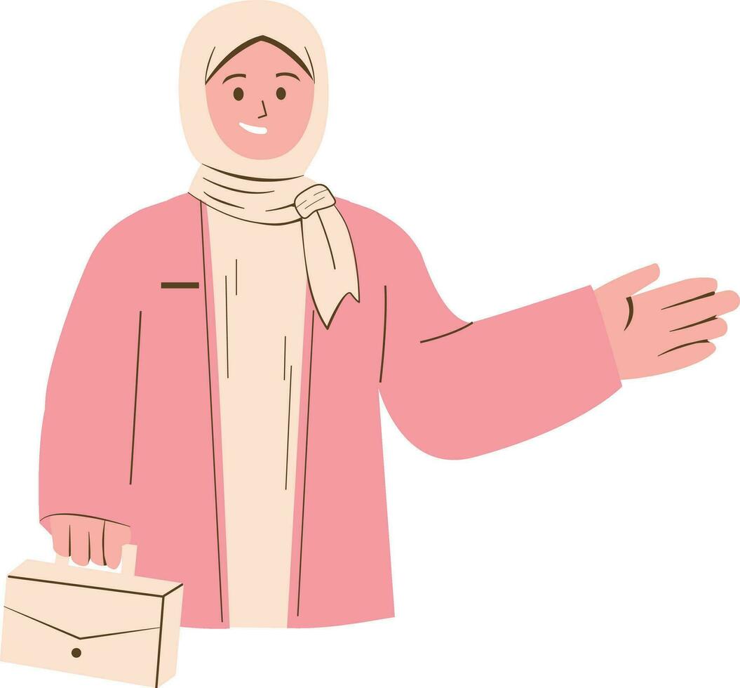 Muslim woman in a pink coat with a box of food, vector illustration