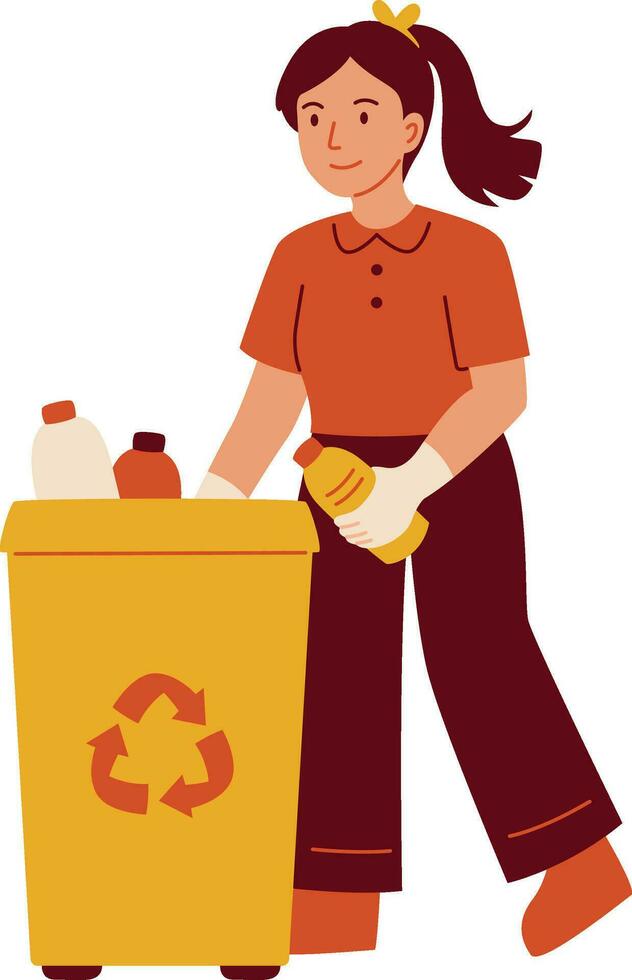 Volunteer woman with garbage bin. Female volunteer sorting garbage. Vector illustration in cartoon style