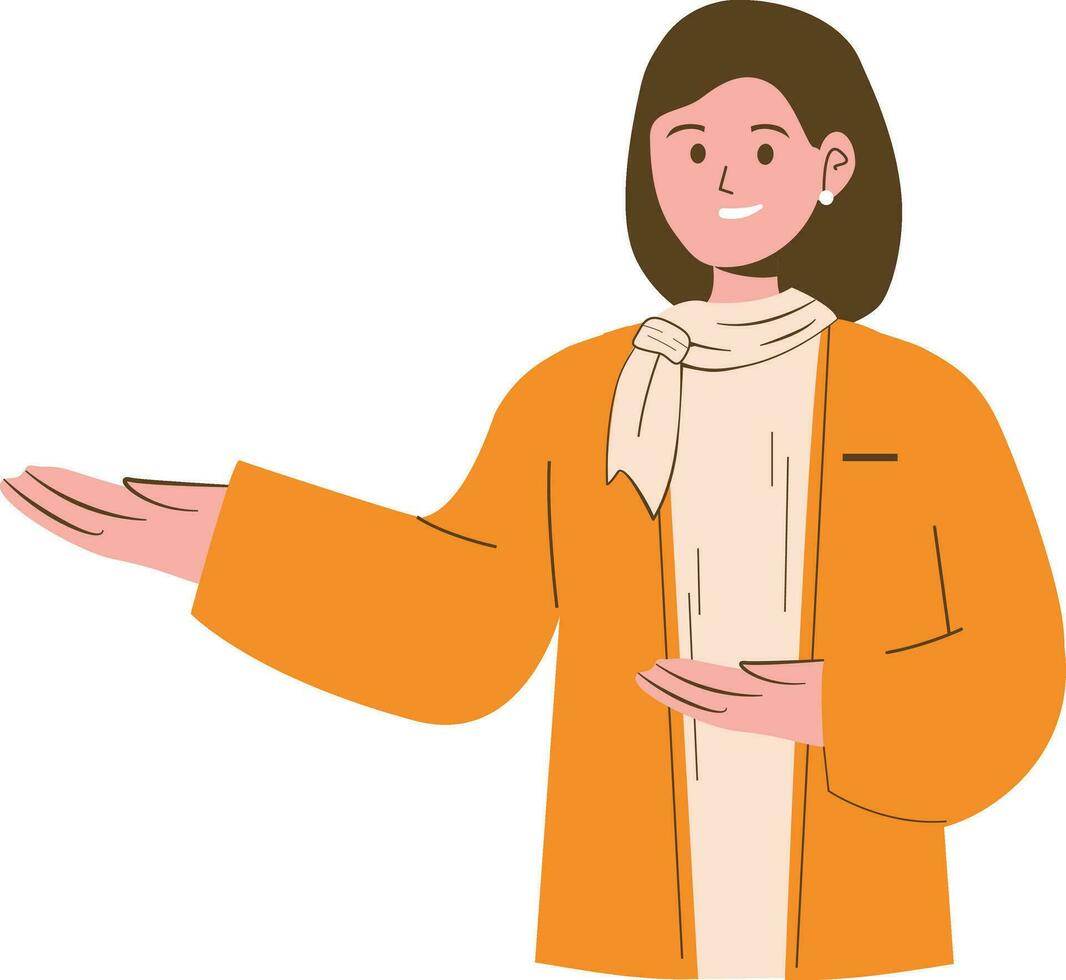 bussineswoman in orange coat and scarf, flat vector illustration isolated on white background.