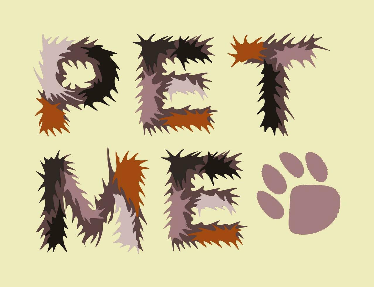 Pet me. Cat paw. Fluffy lettering. Vector isolated illustration. Multicolored cat.