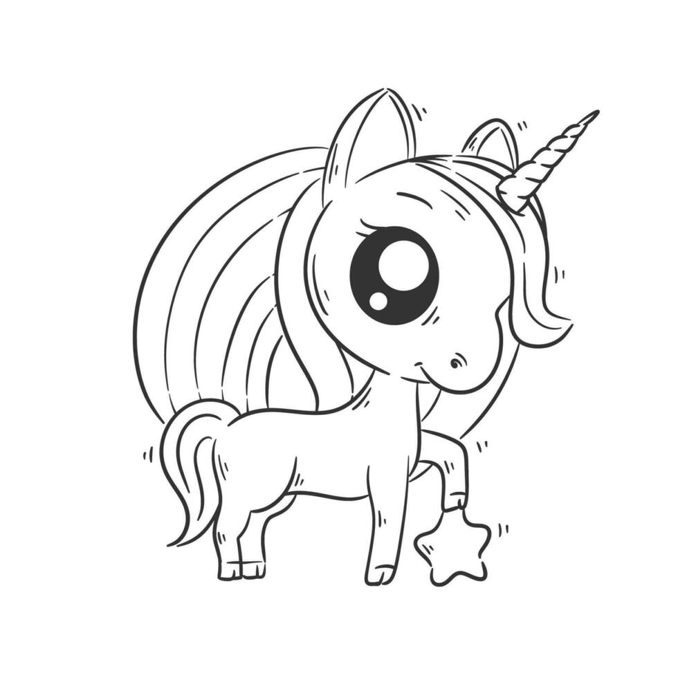 Cute unicorn is in front of rainbow cartoon vector for coloring