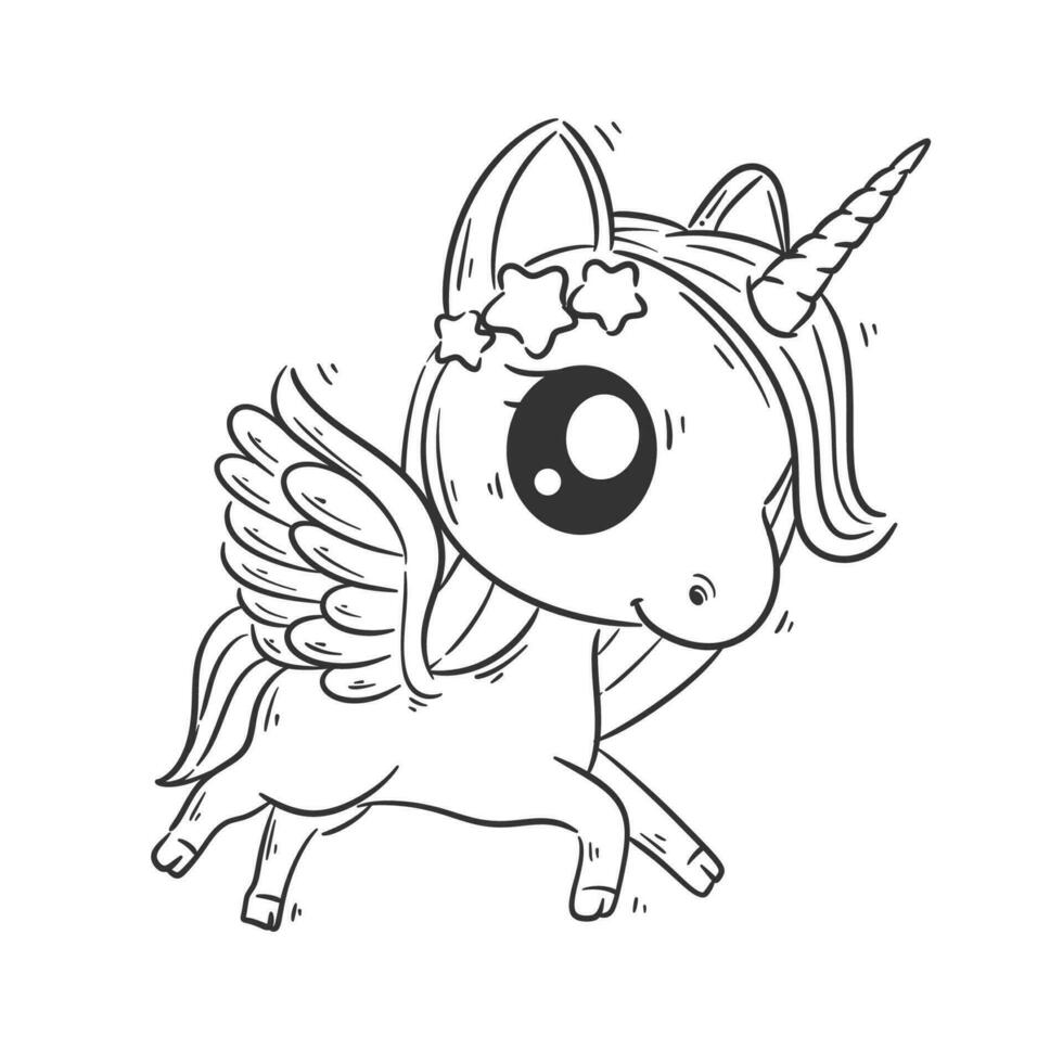 linda unicornio es volador dibujos animados vector para colorante