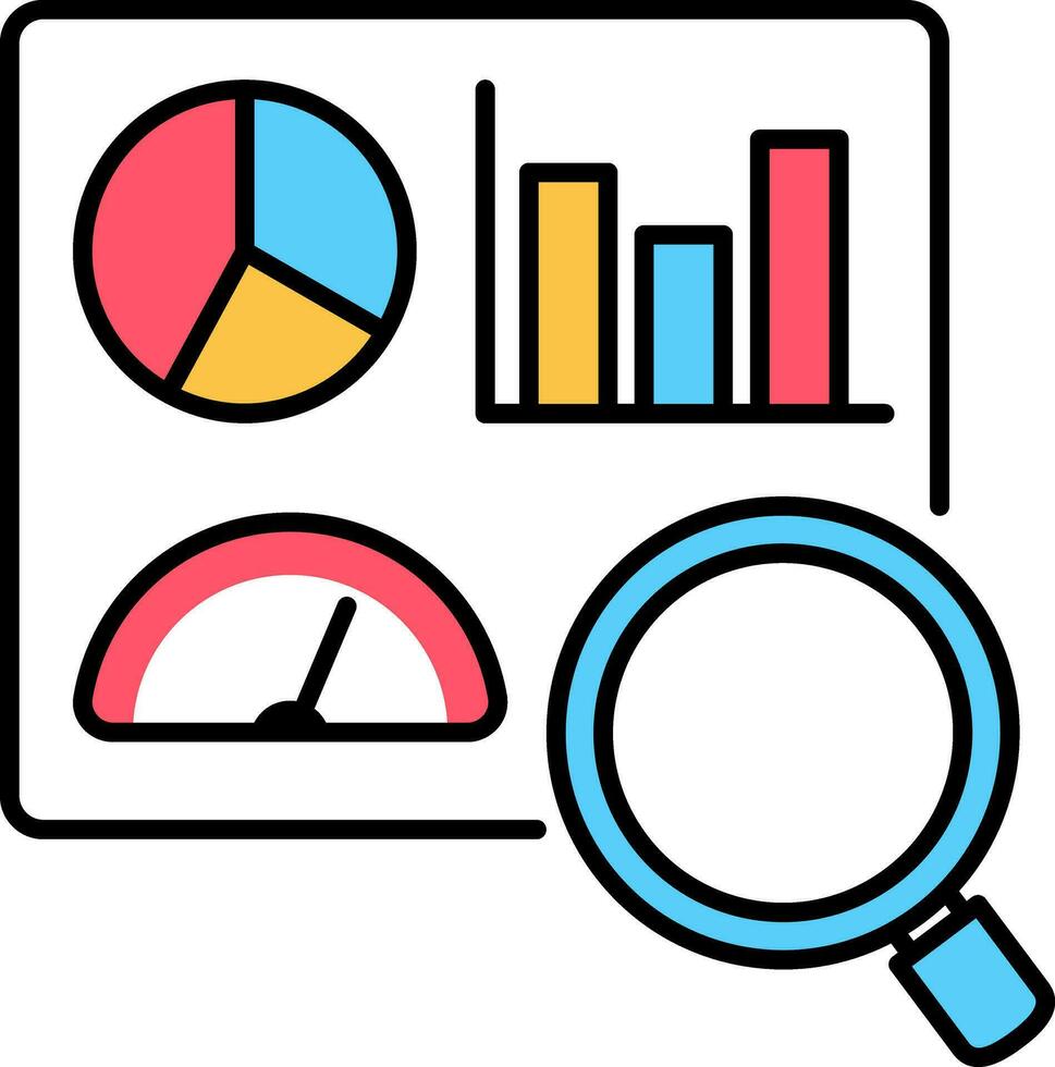 datos análisis gráfico y informe, financiero investigación o analizar información para márketing conocimiento, analítica o mejoramiento diagrama, inteligente información, empresario analizar datos con aumentador vaso. vector