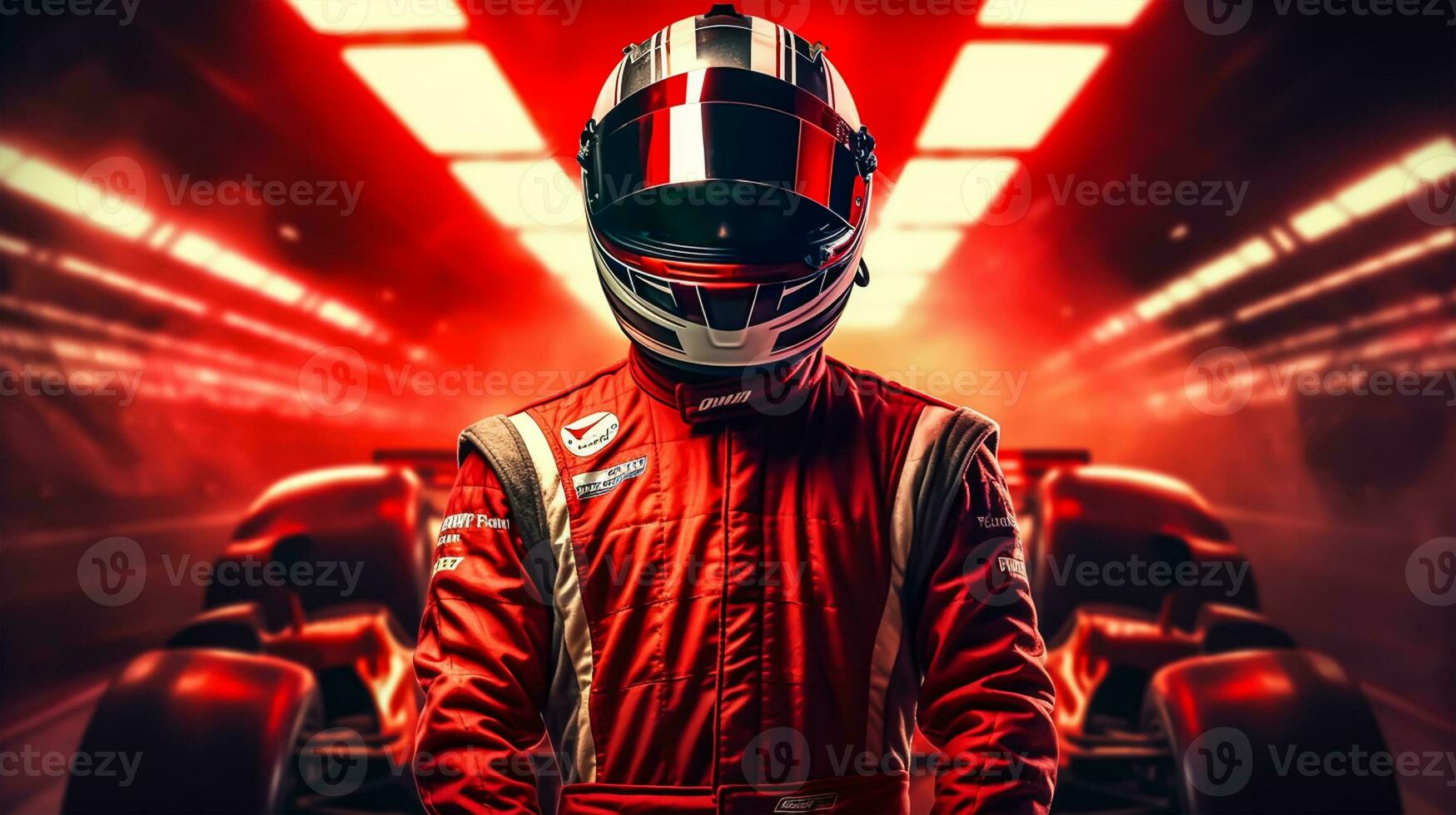 Close up of racing driver against race track with red lights photo