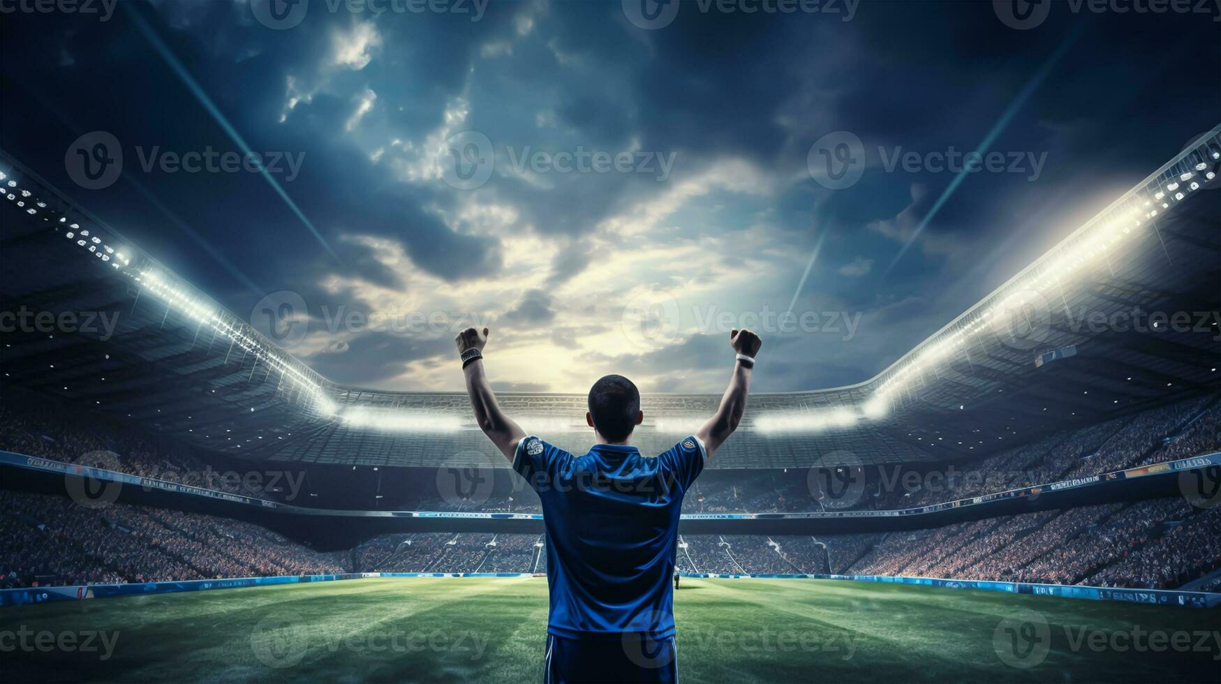 Soccer player on the field of stadium at night. photo