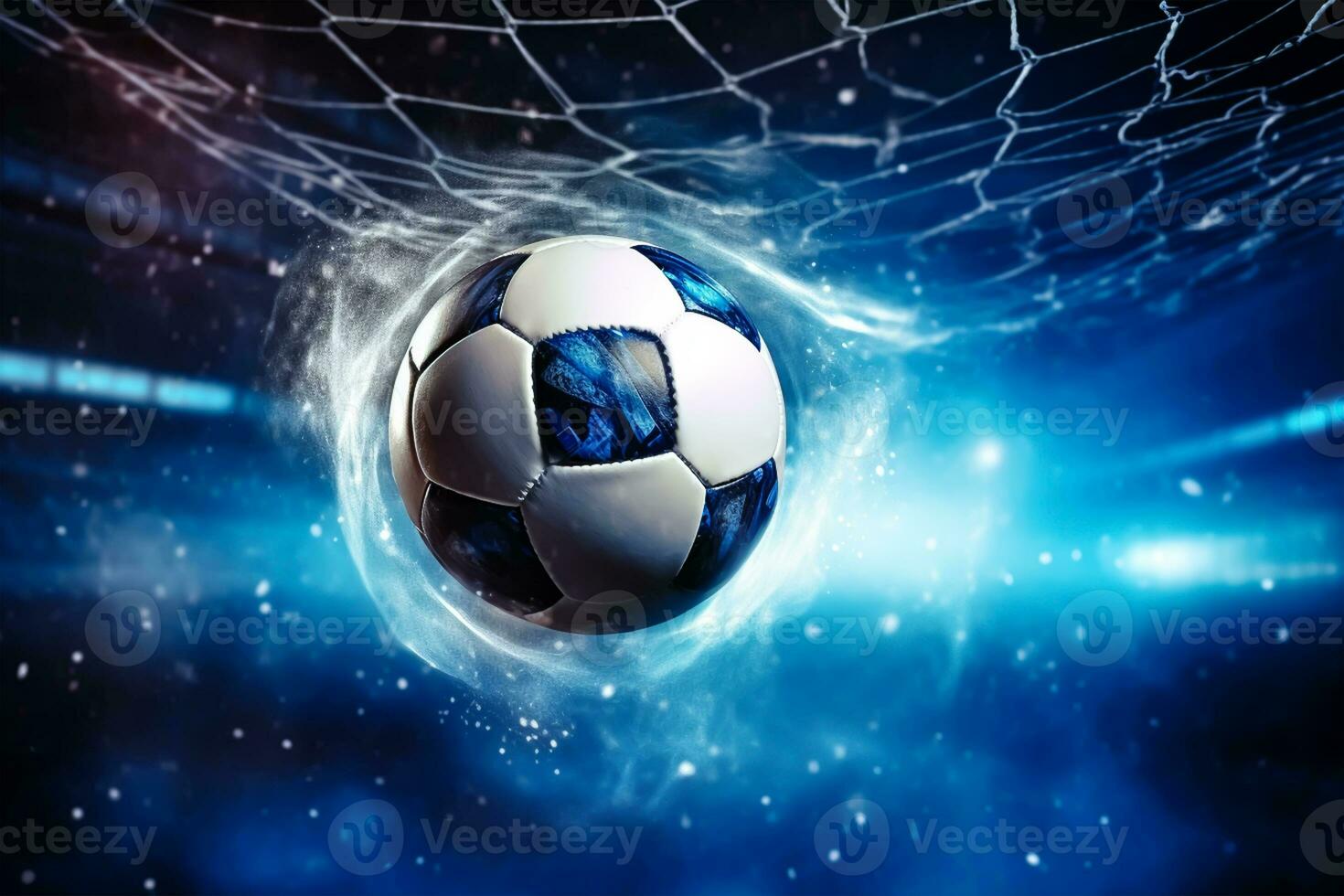 Soccer ball in net against football stadium under spotlights photo