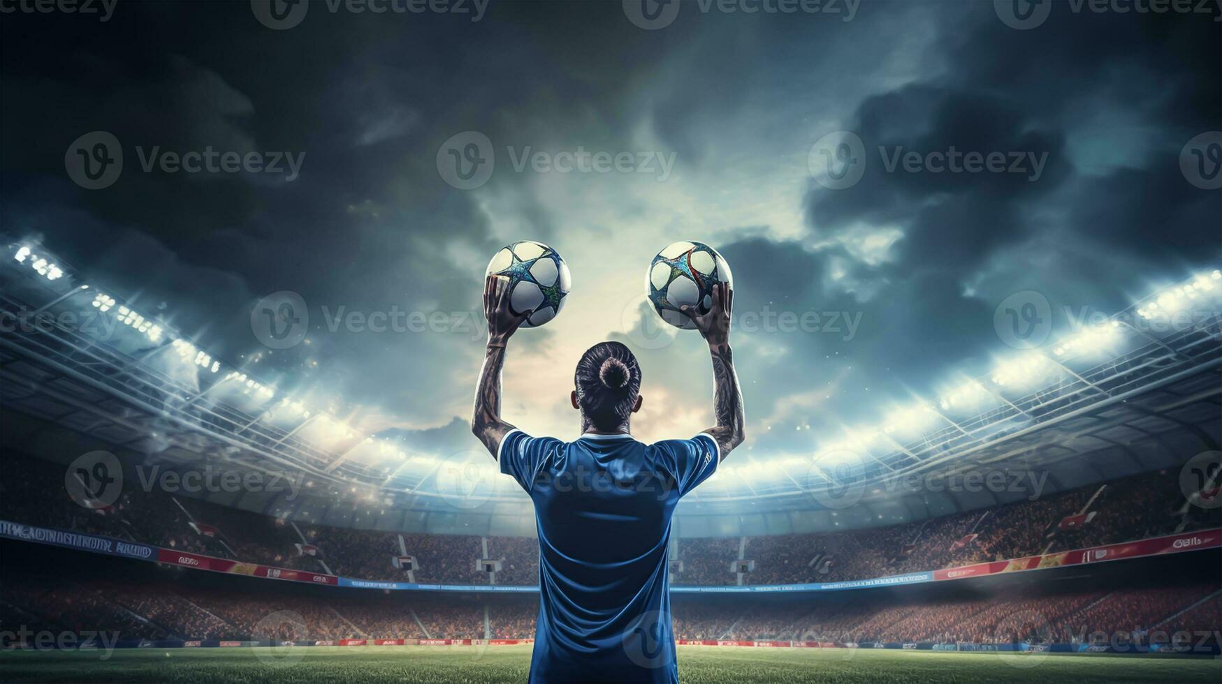 Soccer player on the field of stadium at night. photo