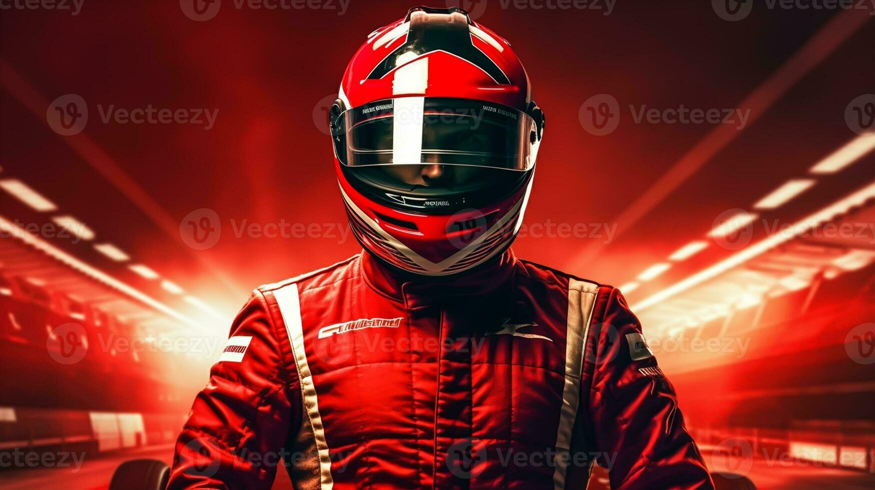 Close up of racing driver against race track with red lights photo