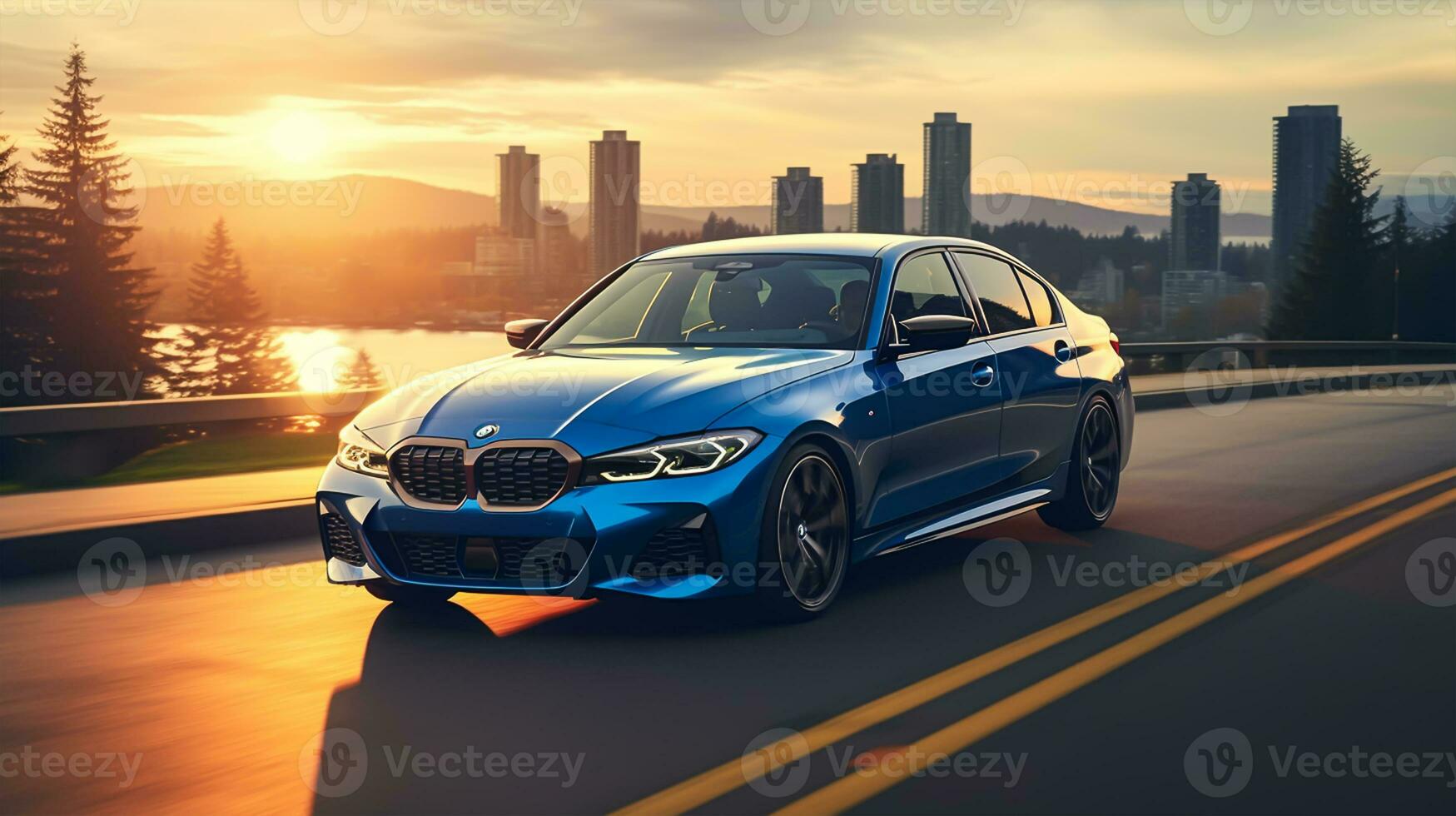 Blue sport car on the road in the city photo