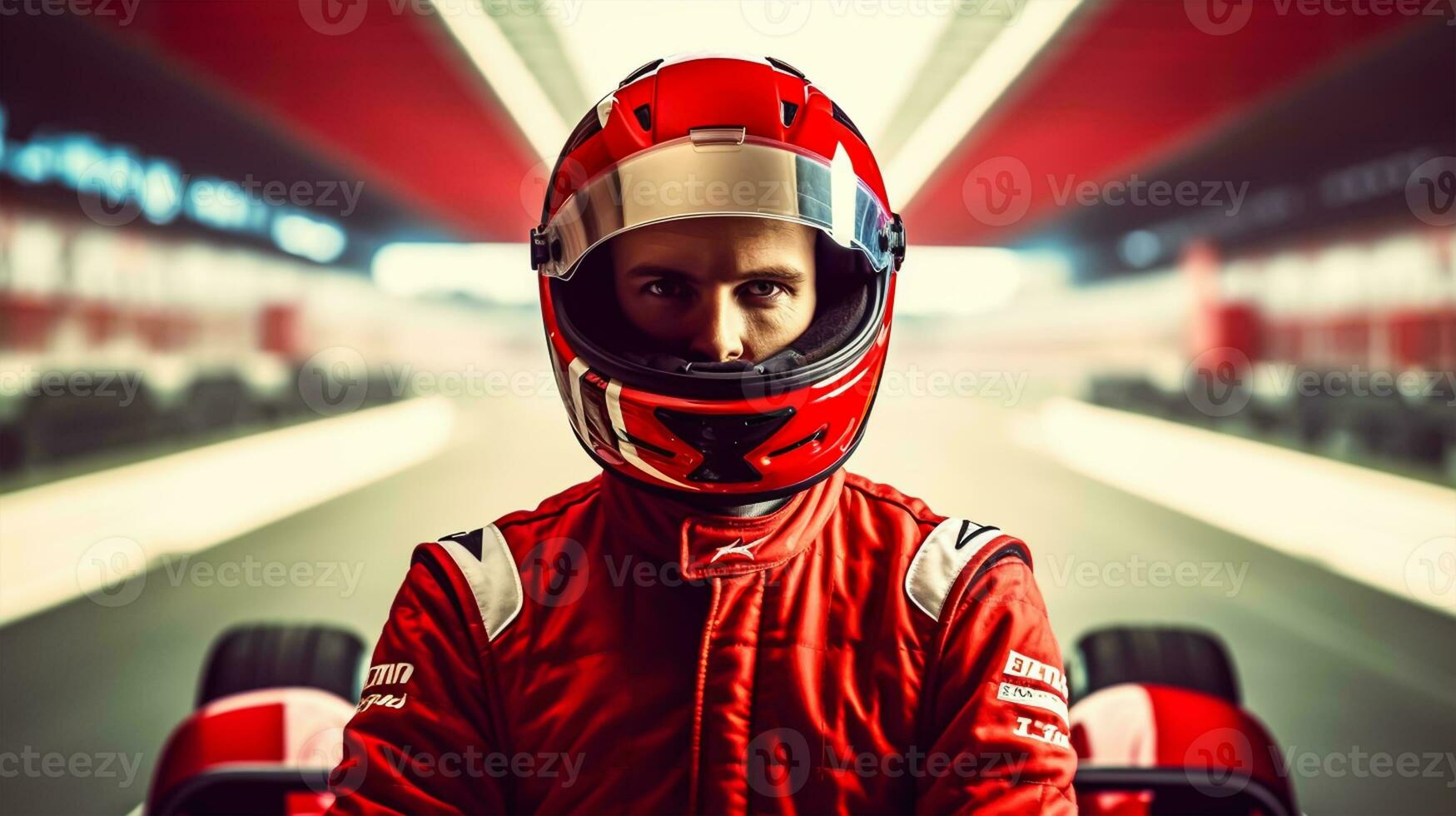 Close up of racing driver against race track with red lights photo