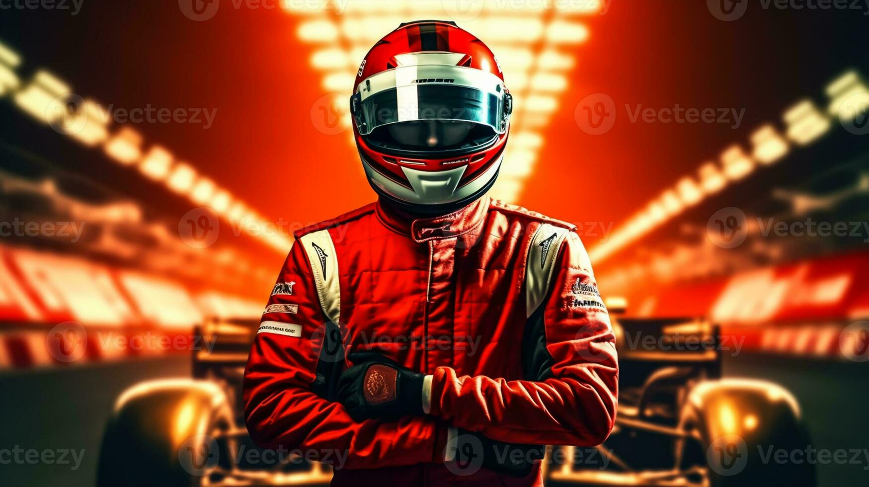 Close up of racing driver against race track with red lights photo