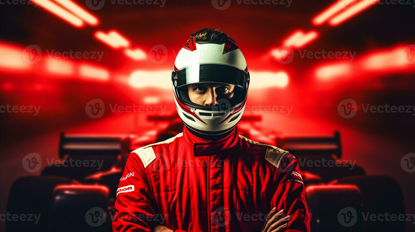 Close up of racing driver against race track with red lights photo