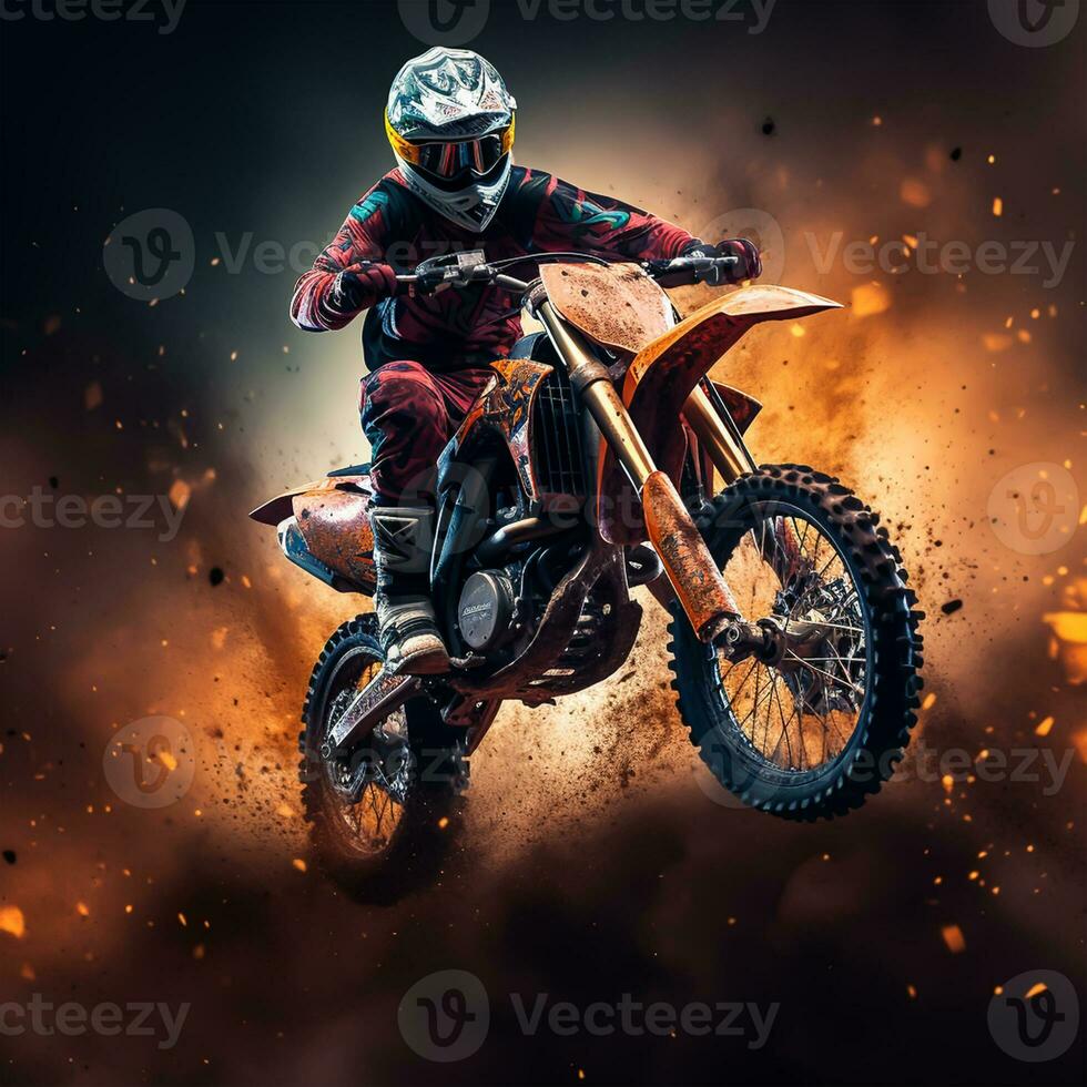 Motocross rider in action on fire background photo