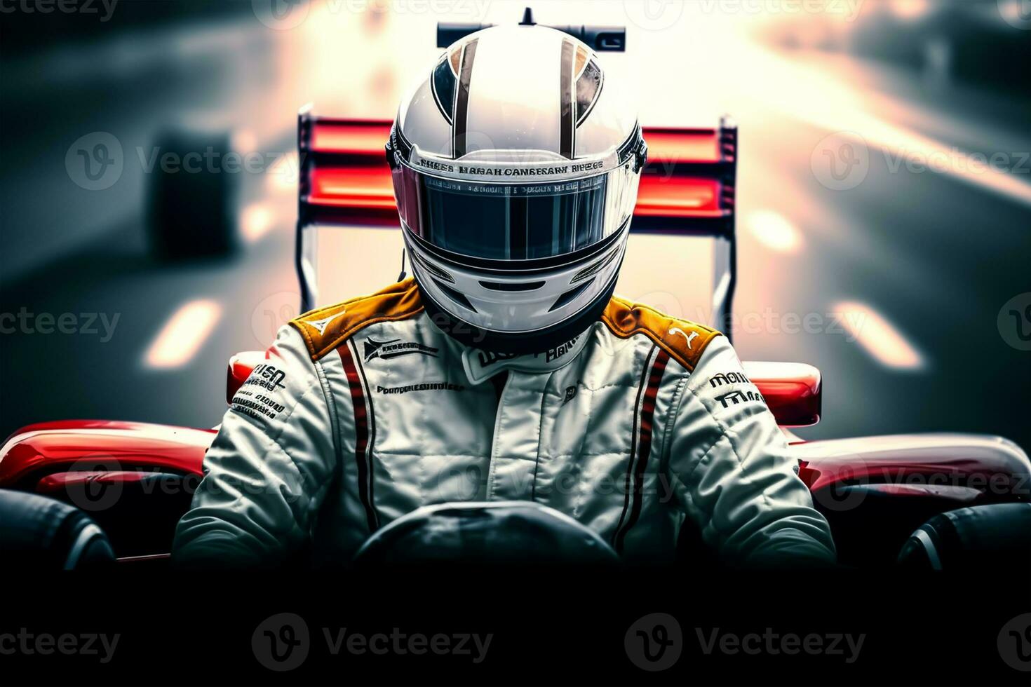 Closeup of a young male car racer in a red helmet driving a race car. photo