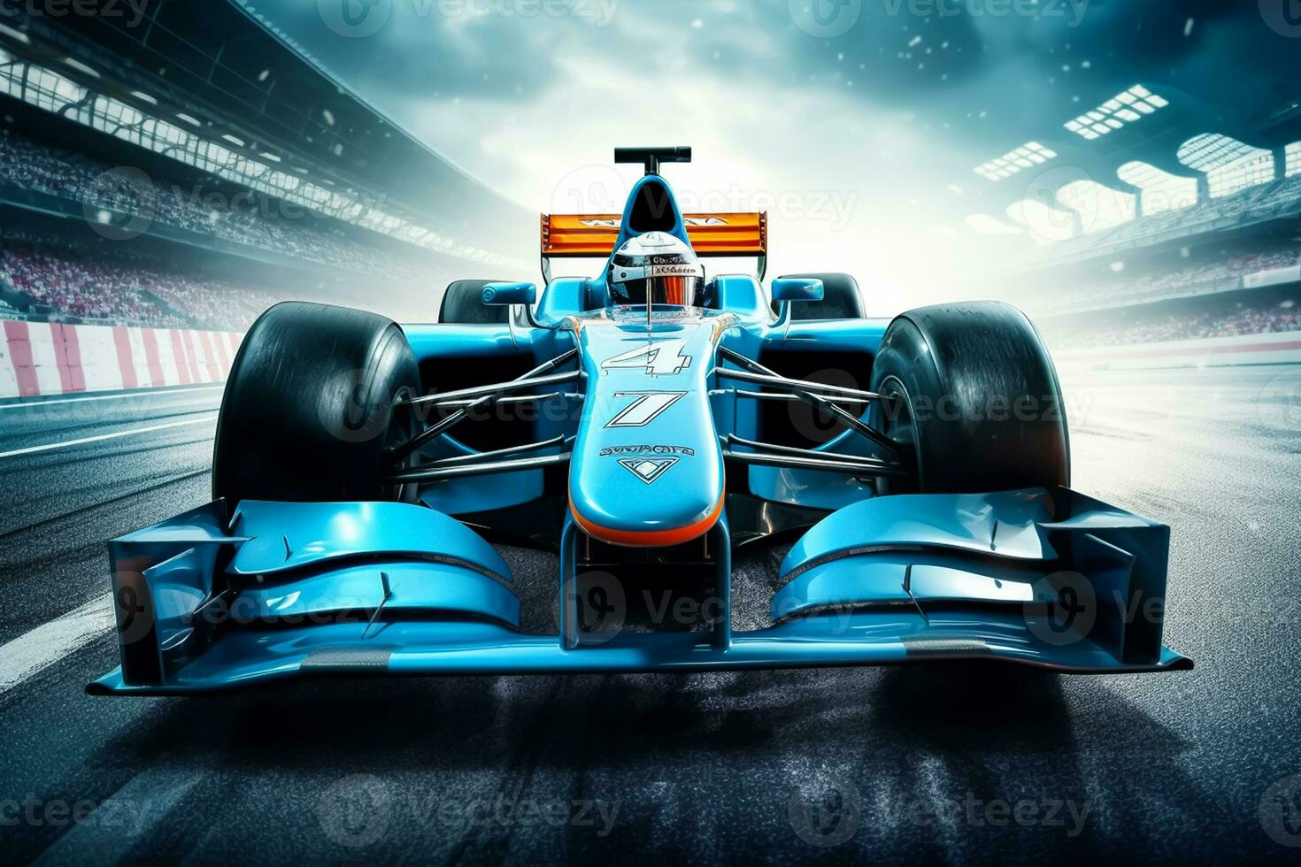 Closeup of a young male car racer in a red helmet driving a race car. photo