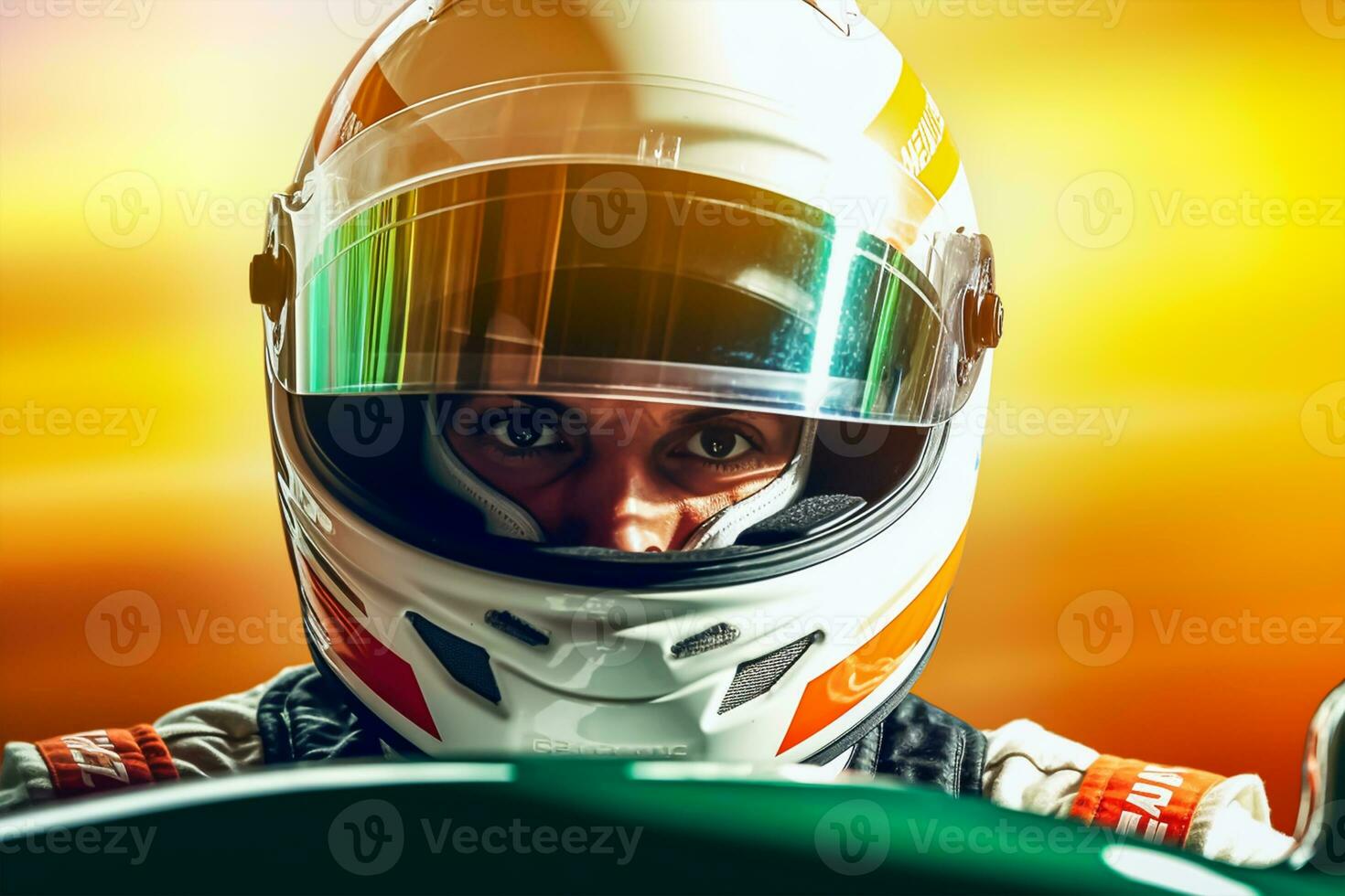 Closeup of a young male car racer in a red helmet driving a race car. photo