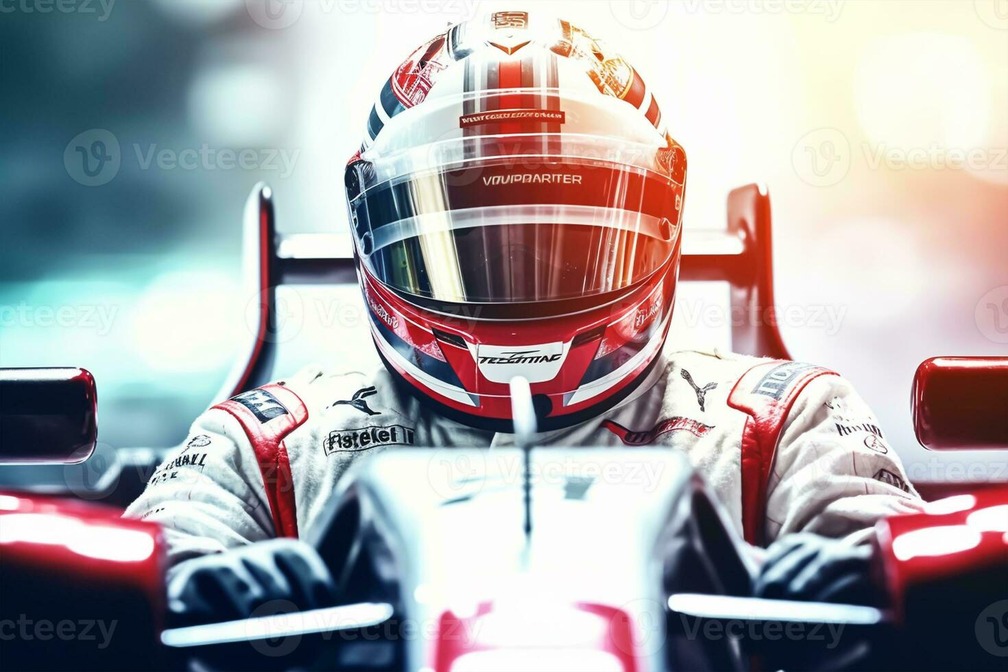 Closeup of a young male car racer in a red helmet driving a race car. photo