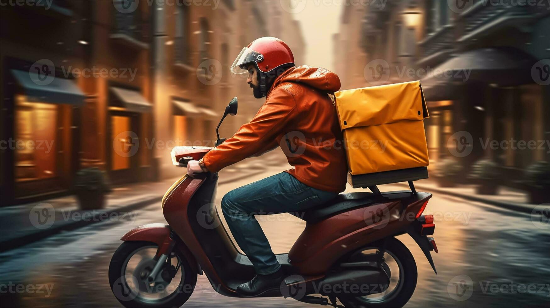 Delivery man on scooter with boxes in the city. Delivery service concept. photo