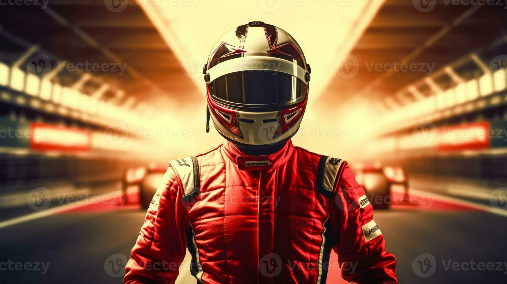 Close up of racing driver against race track with red lights photo