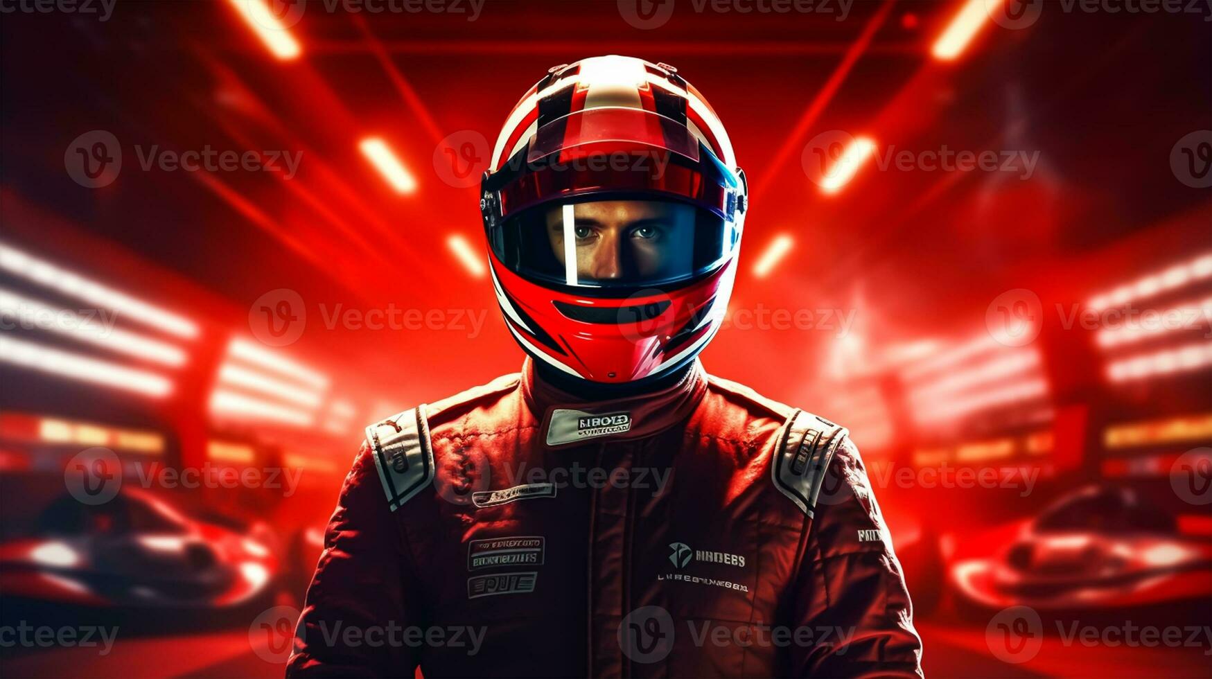 Close up of racing driver against race track with red lights photo