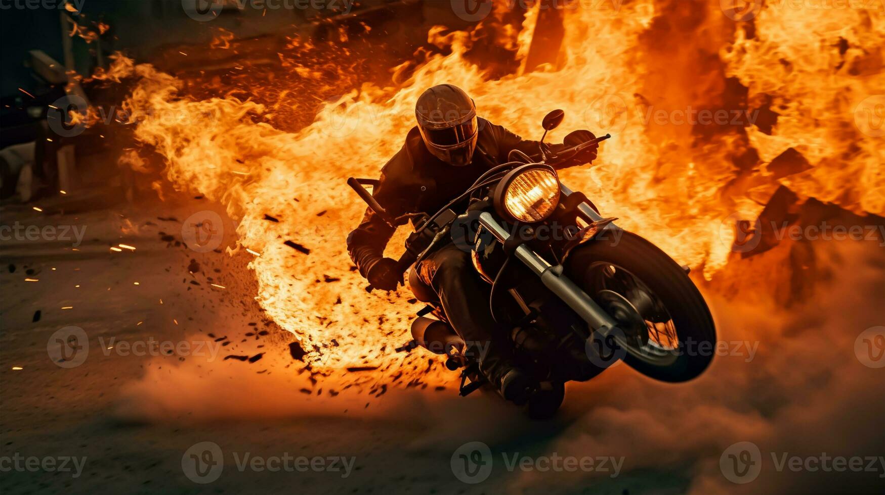 Racing motorcycle in flames. Motorcyclist on a motorcycle in smoke. photo